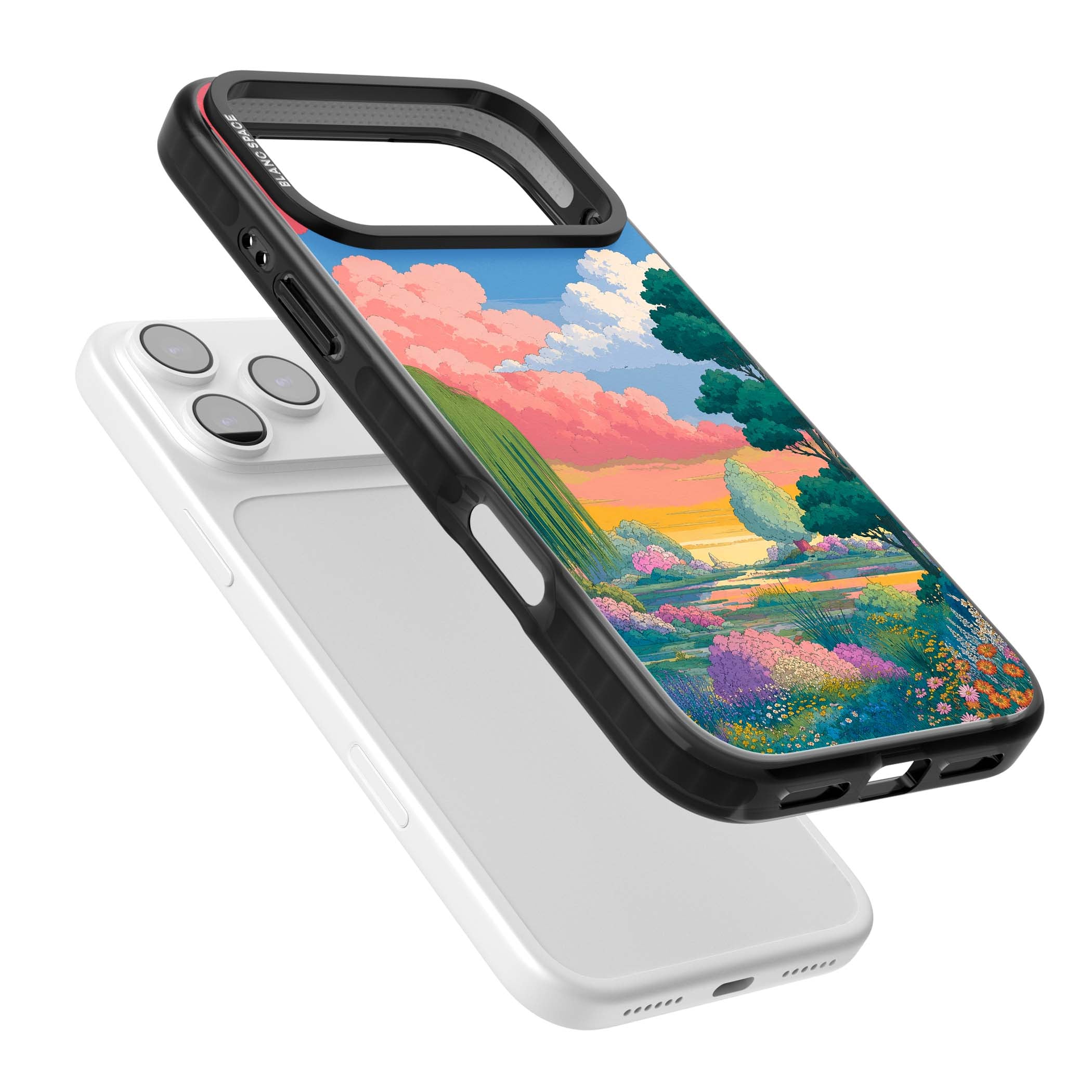 Dream Valley anime landscape iPhone case featuring pink sunset clouds, willow trees and wildflowers | Clear Impact case for iPhone 17 Pro, iPhone 17 Pro Max