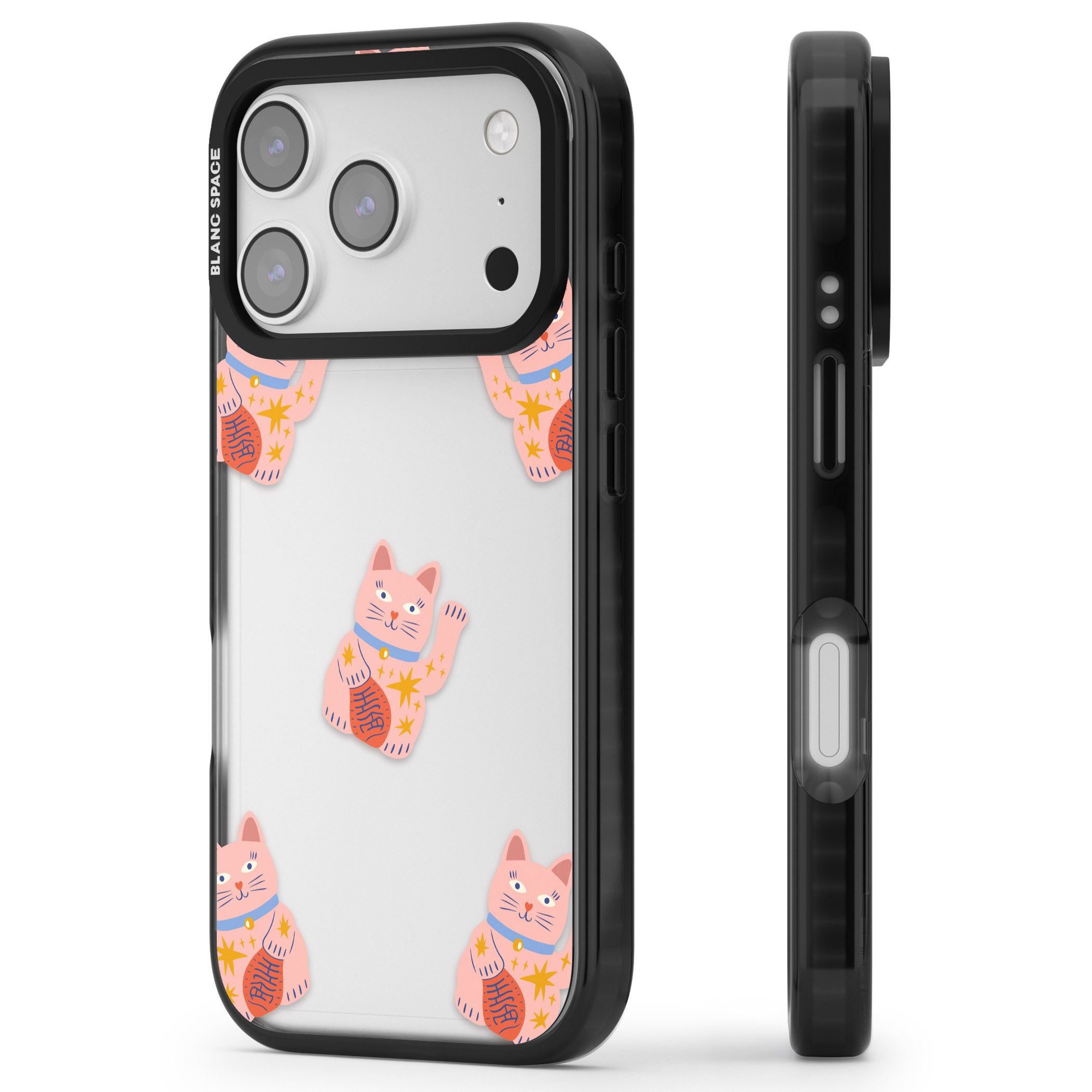 Waving Cat Pattern iPhone 17 Pro Impact Black Phone Case Side Profile