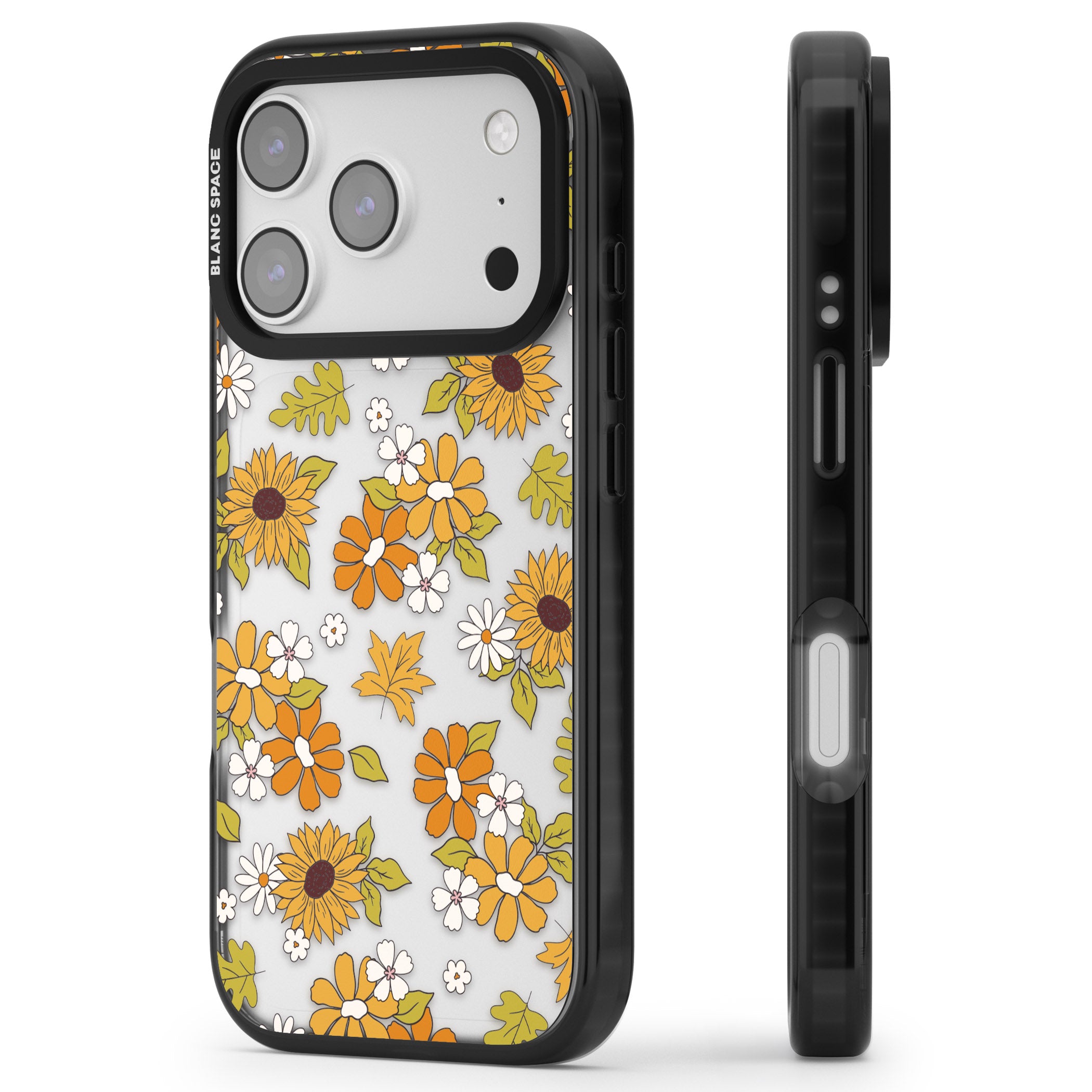 Boho Sunflowers iPhone 17 Pro Impact Black Phone Case Side Profile