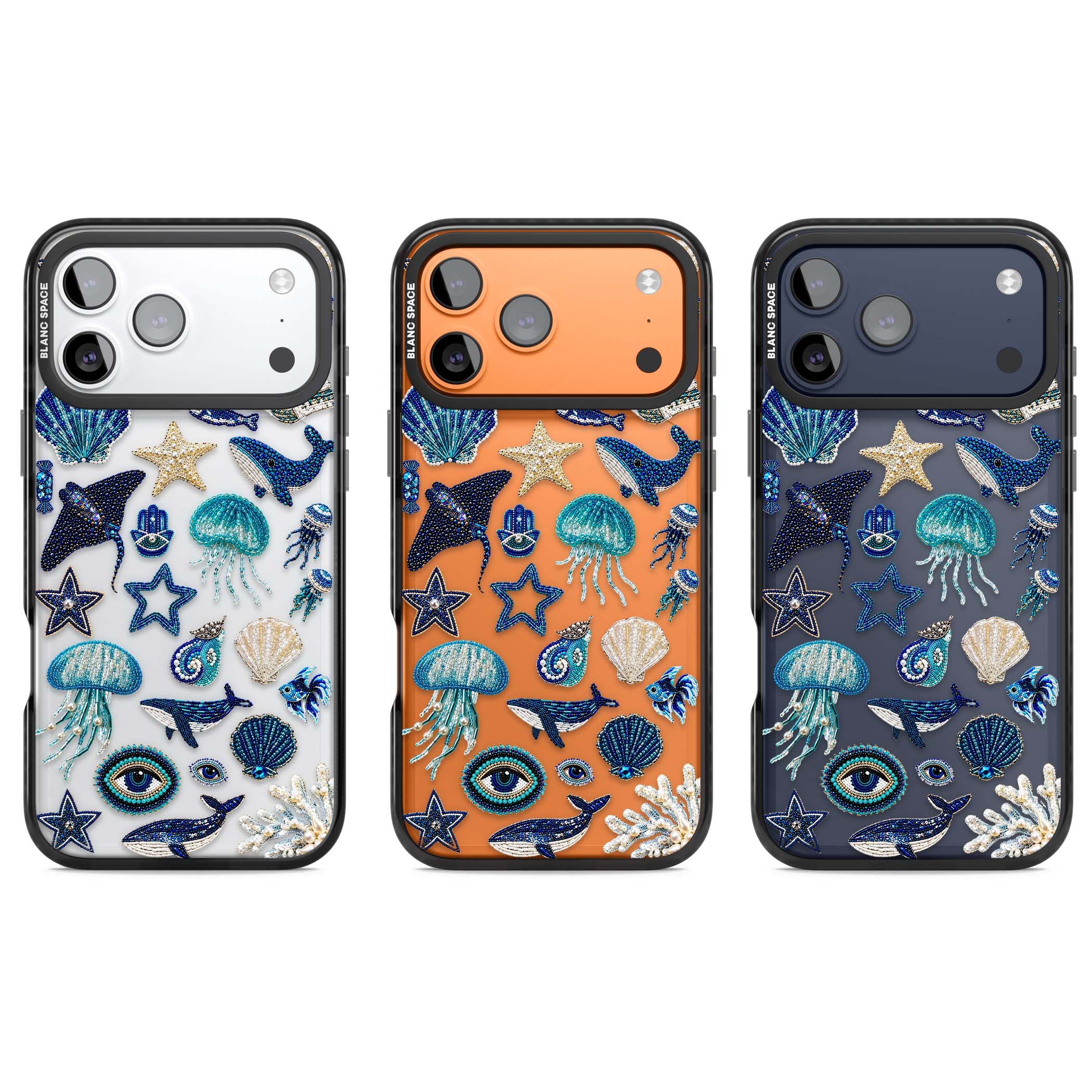 Beaded Coastal coastal iPhone case featuring embroidered seashells, jellyfish and a blue whale on clear | Clear Impact case for iPhone 17 Pro, iPhone 17 Pro Max