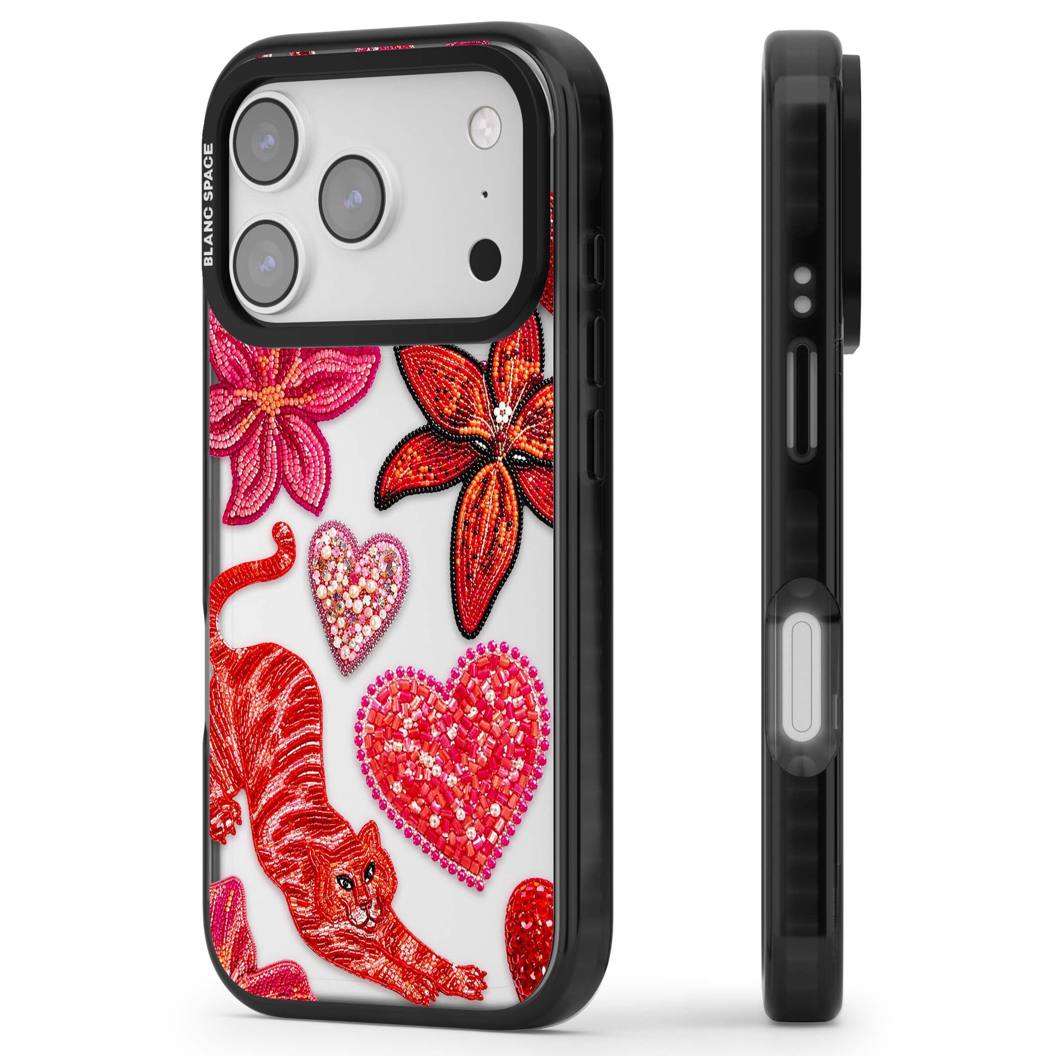 Beaded Boho floral iPhone case featuring beaded red lilies, a stitched tiger, and pearl-encrusted hearts on clear | Clear Impact case for iPhone 17 Pro, iPhone 17 Pro Max