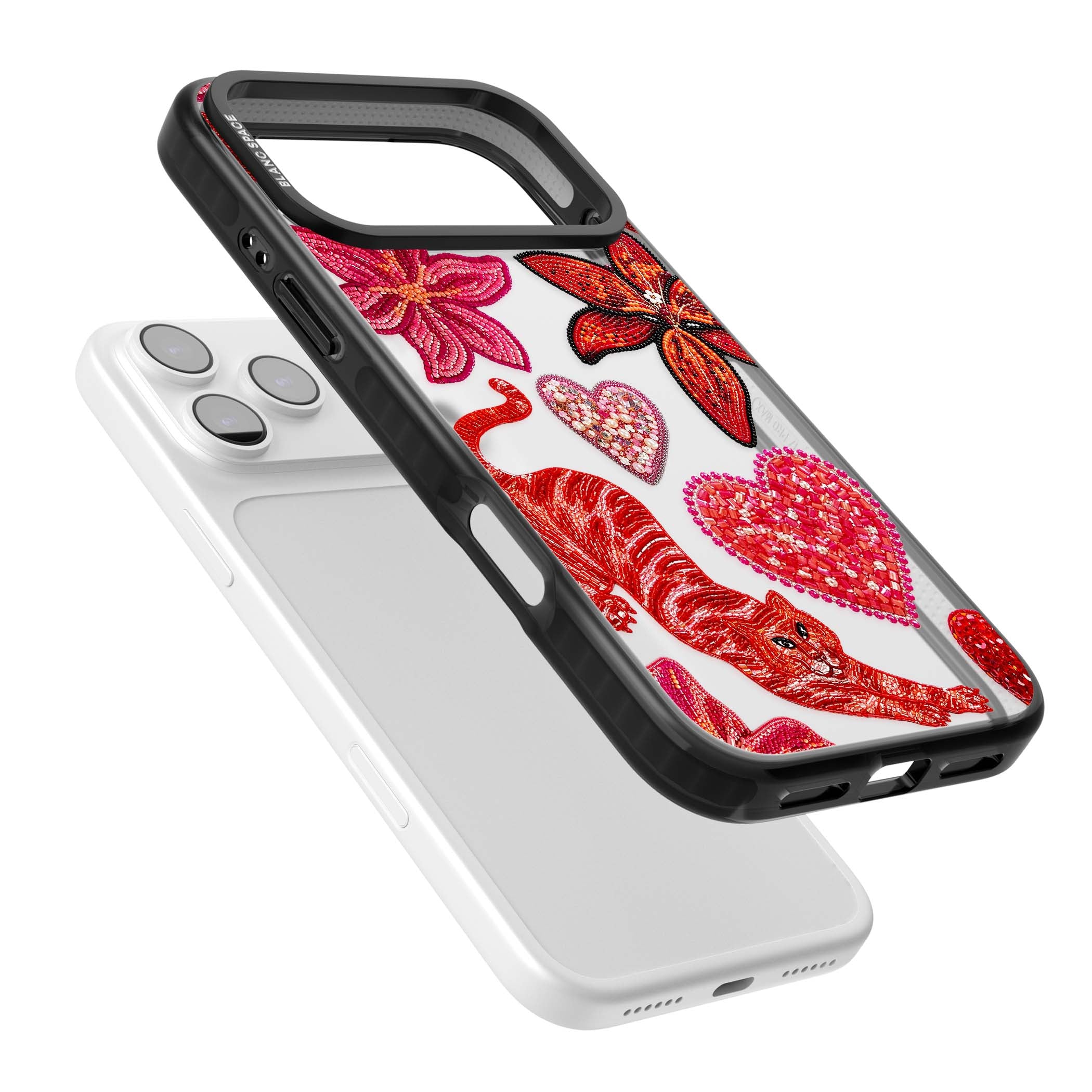 Beaded Boho floral iPhone case featuring beaded red lilies, a stitched tiger, and pearl-encrusted hearts on clear | Clear Impact case for iPhone 17 Pro, iPhone 17 Pro Max