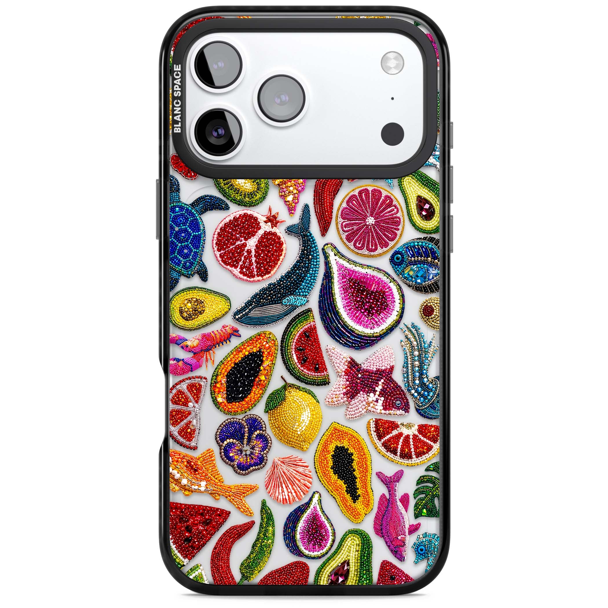 Beaded Tropic tropical iPhone case featuring beaded fruit, fish, crabs and seashells in vibrant colour | Clear Impact case for iPhone 17 Pro, iPhone 17 Pro Max