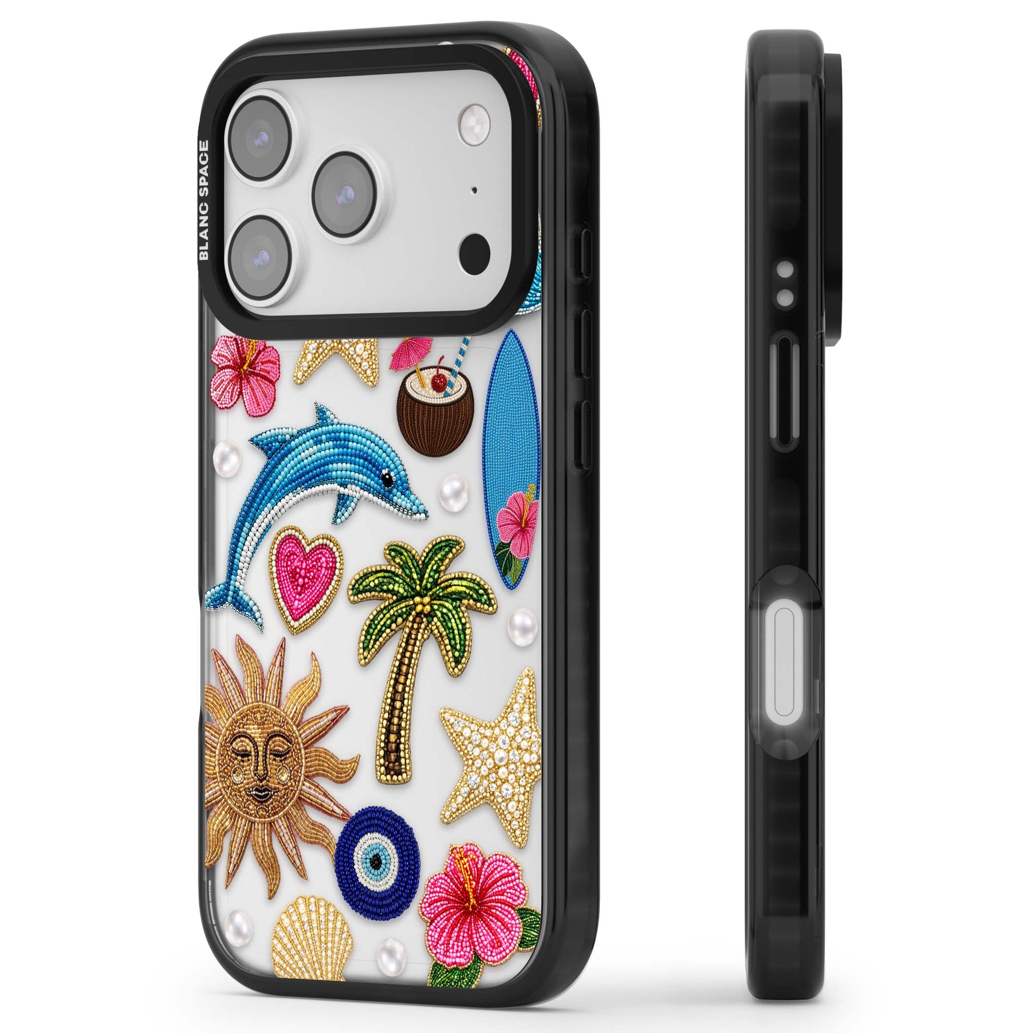 Beaded Beach coastal summer iPhone case featuring embroidered evil eye, hibiscus flowers, dolphin and palm tree patches | Clear Impact case for iPhone 17 Pro, iPhone 17 Pro Max