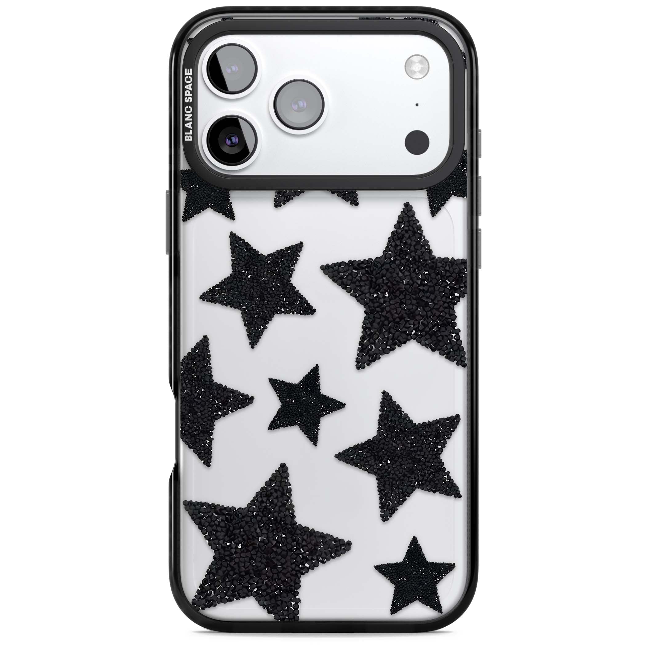 Beaded Black Stars celestial iPhone case featuring black glitter beaded stars scattered on a clear background | Clear Impact case for iPhone 17 Pro, iPhone 17 Pro Max