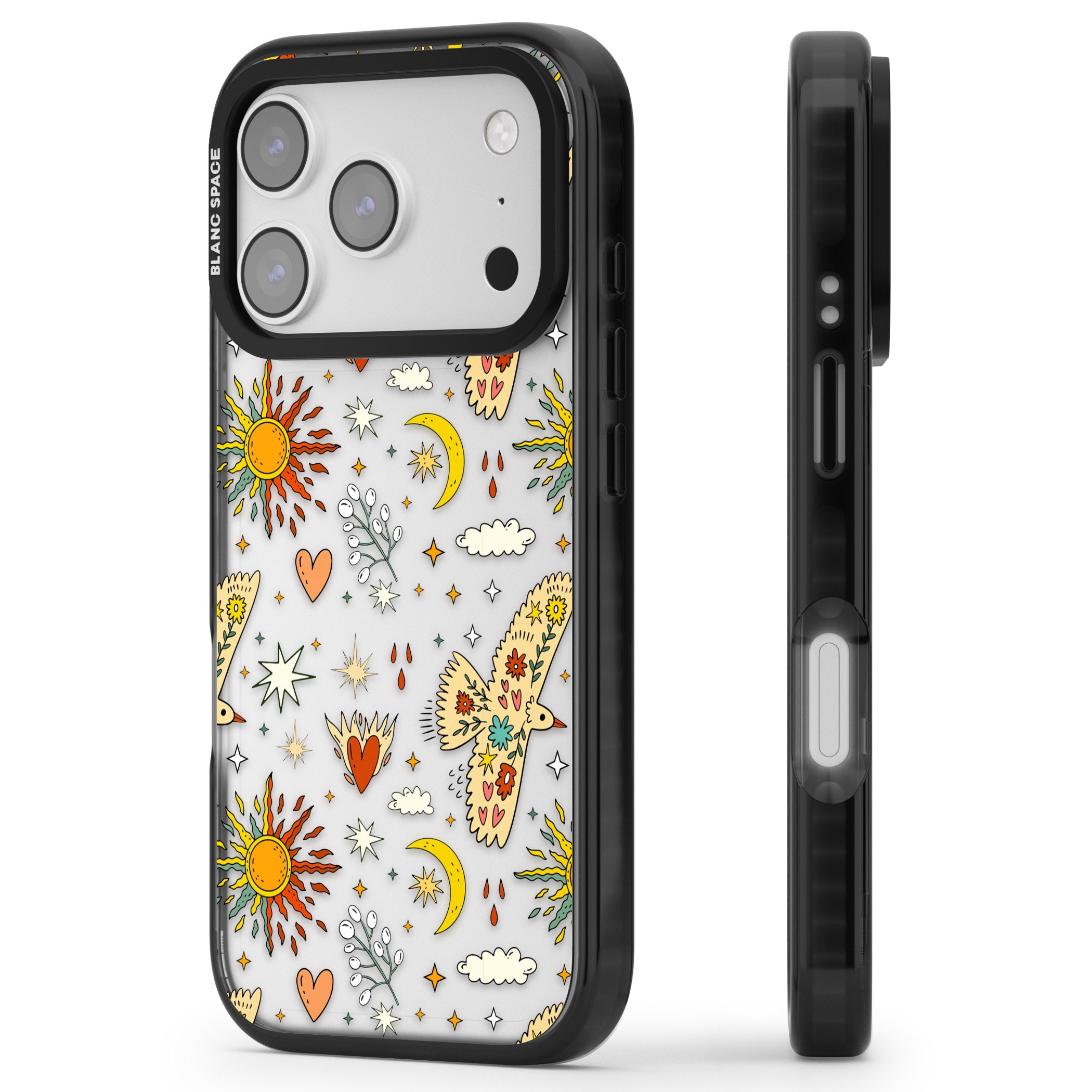 Boho Celestial Floral Bird Sun iPhone 17 Pro Impact Black Phone Case Side Profile
