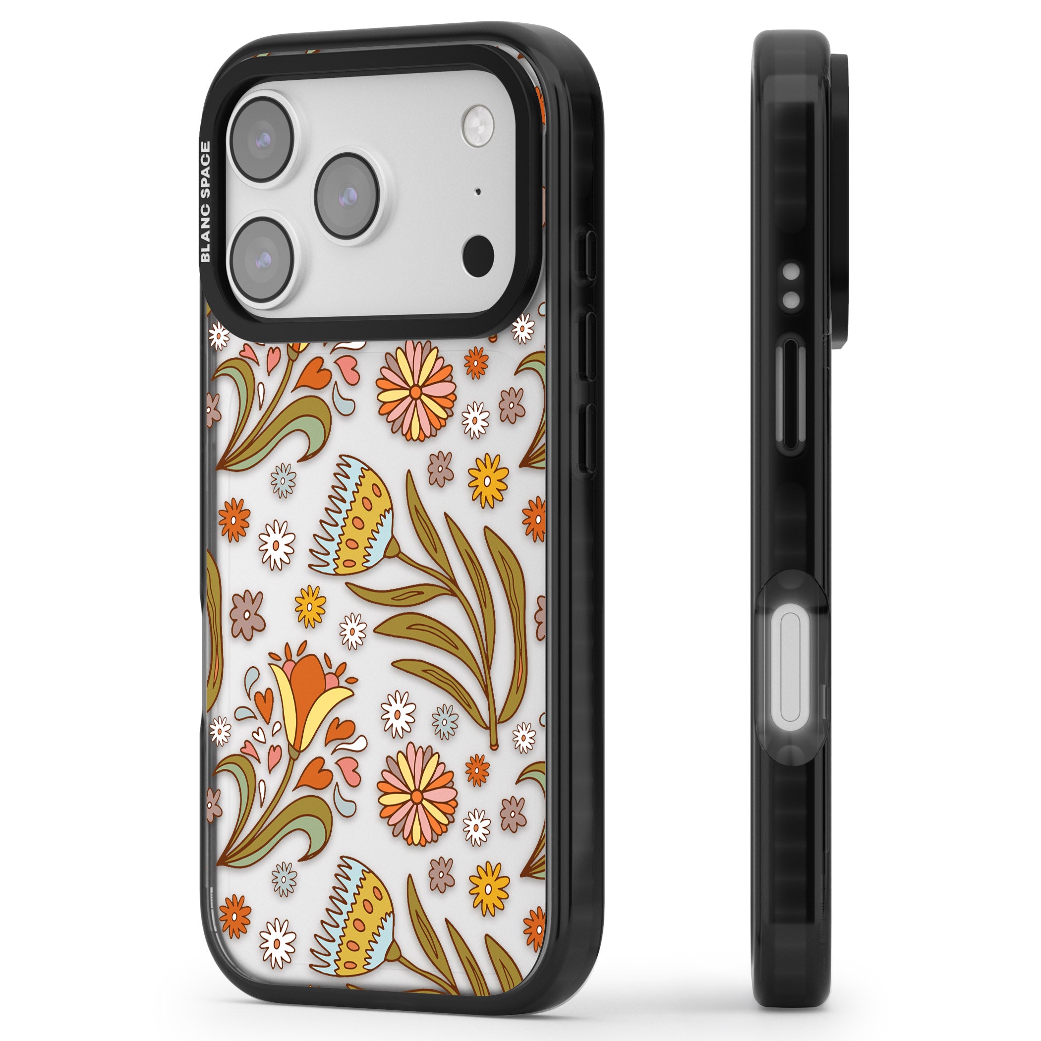 Boho Celestial Wildflower iPhone 17 Pro Impact Black Phone Case Side Profile