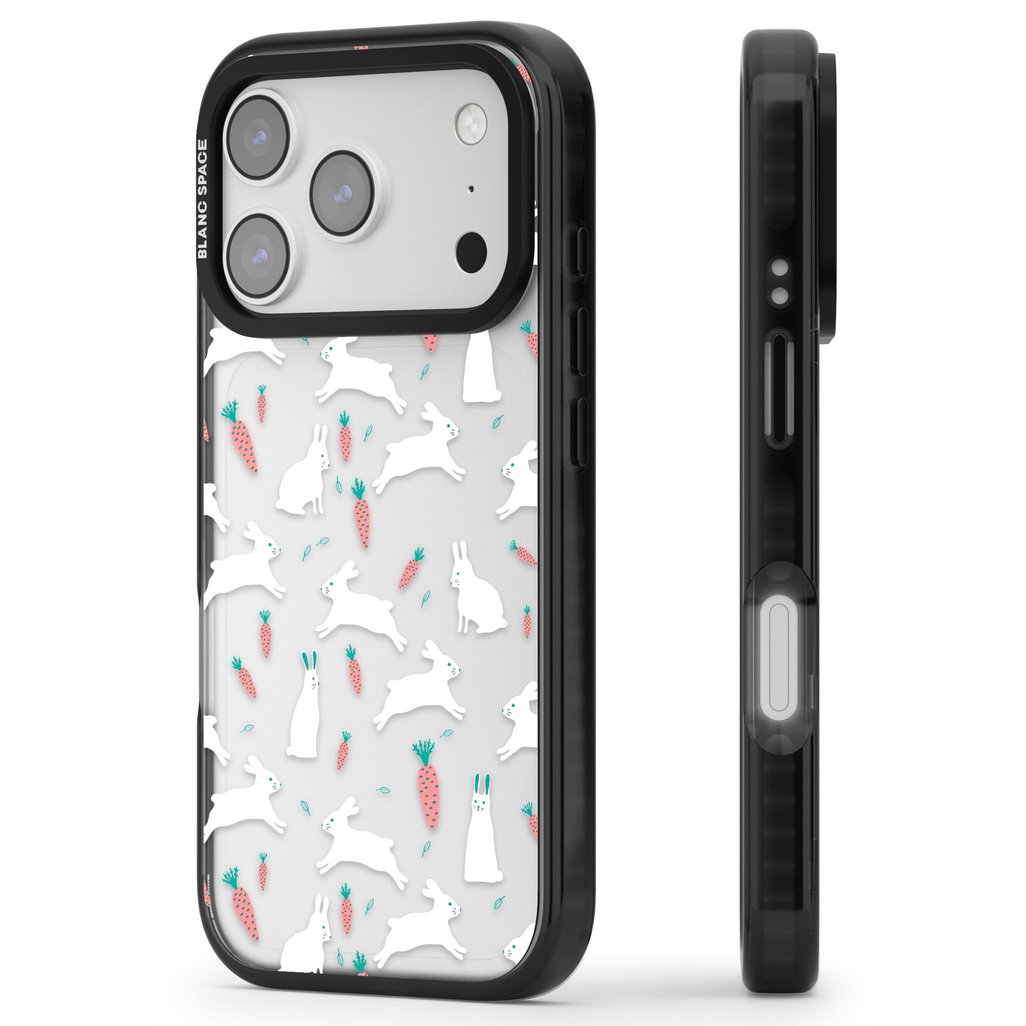 White Bunnies And Carrots iPhone 17 Pro Max Impact Black Phone Case Side Profile