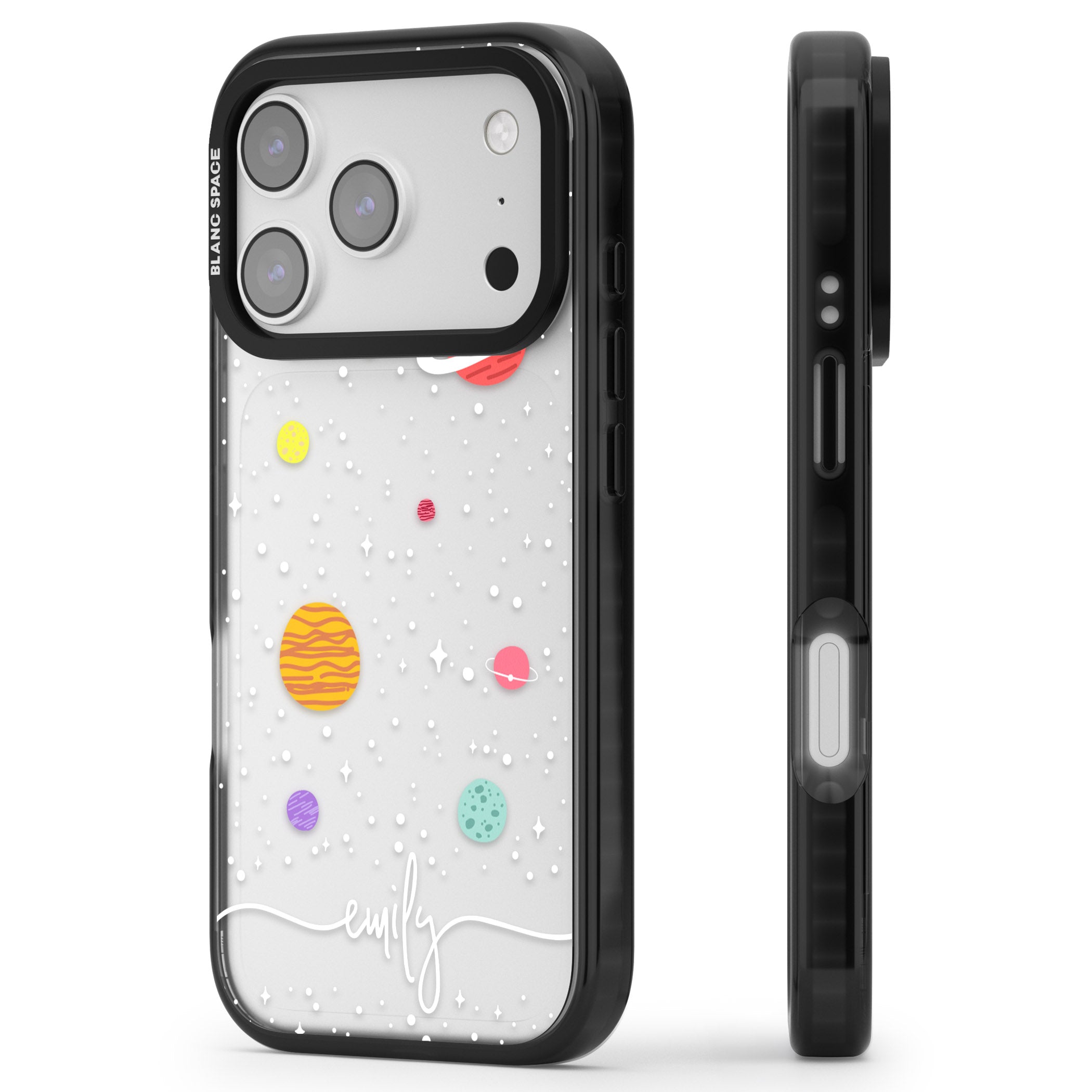 Personalised Cute Cartoon Planet (Clear) iPhone 17 Pro Impact Black Phone Case Side Profile