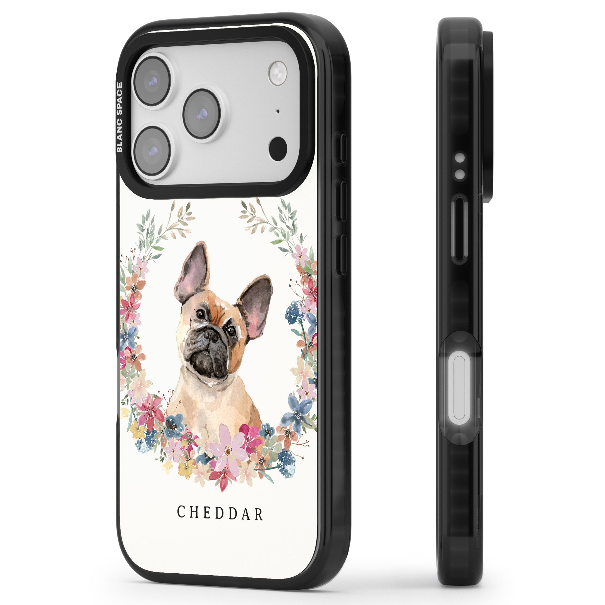 Personalised Tan French Bulldog Floral Portrait iPhone 17 Pro Impact Black Phone Case Side Profile