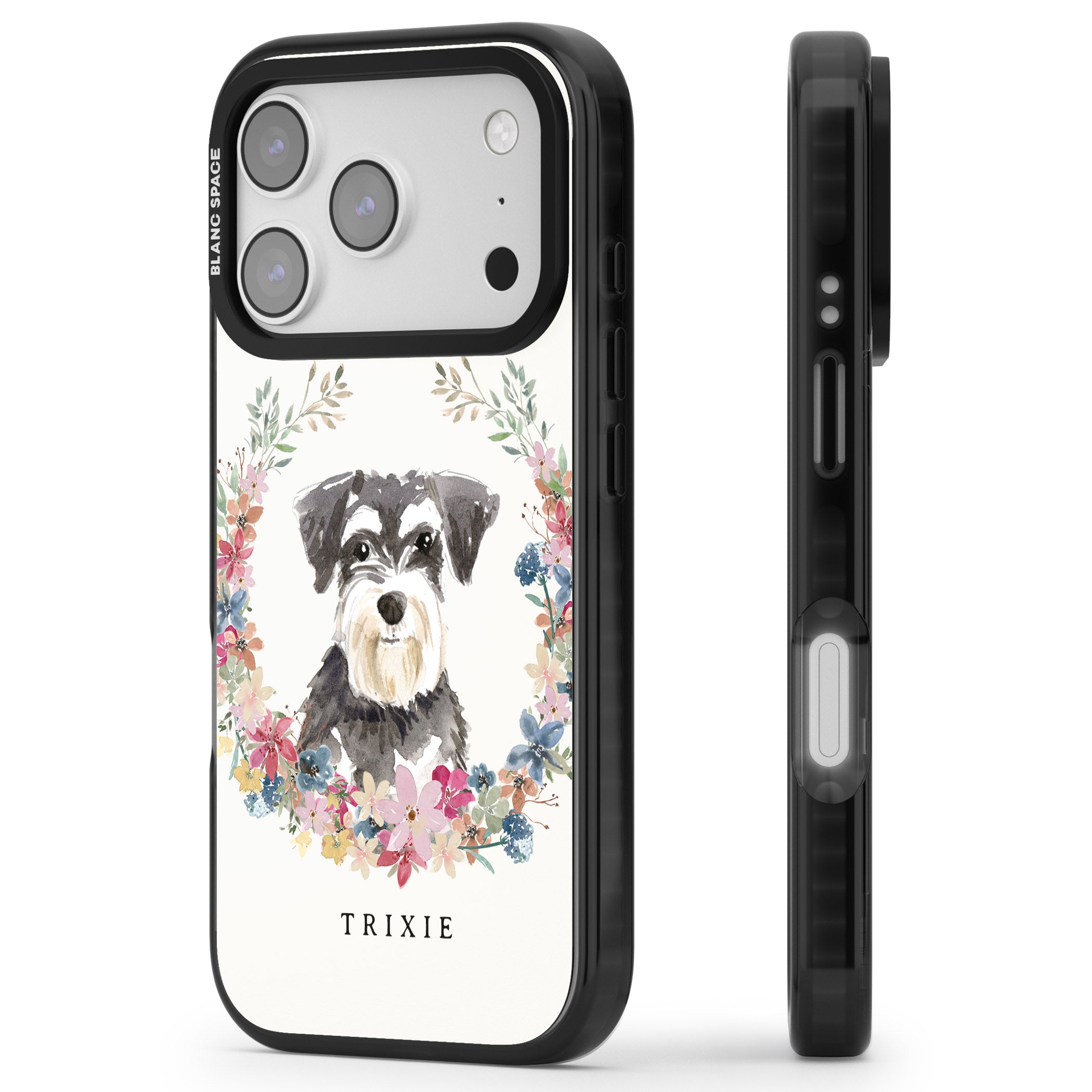 Personalised Watercolor Schnauzer Floral Portrait iPhone 17 Pro Impact Black Phone Case Side Profile