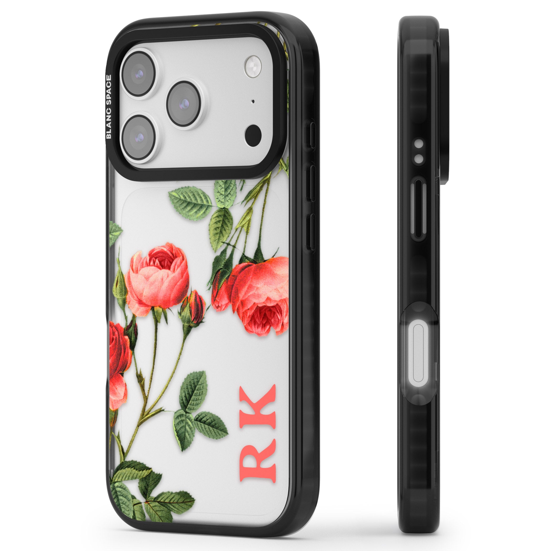 Personalised Vintage Floral Rose iPhone 17 Pro Impact Black Phone Case Side Profile
