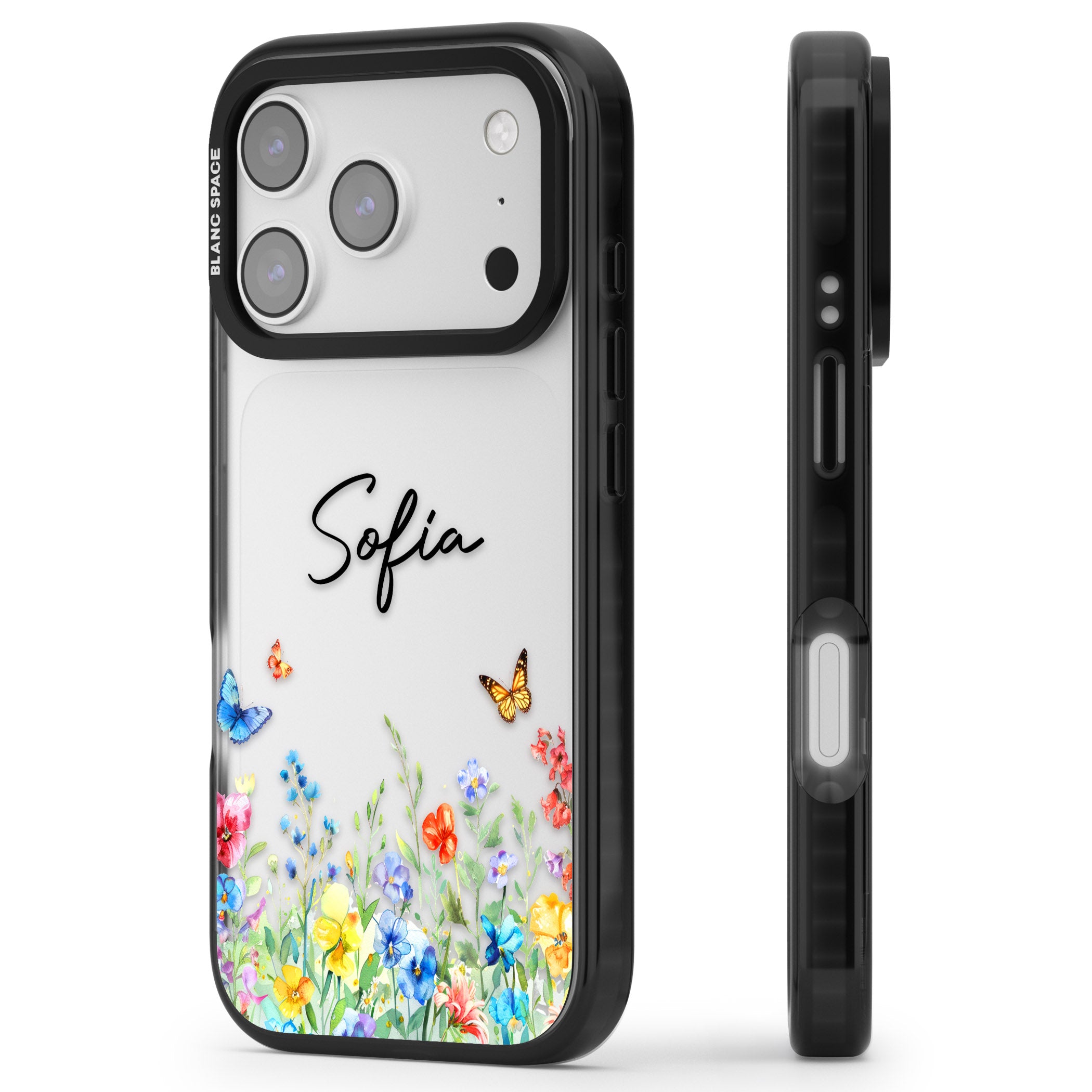 Personalised Buterflies Wildflowers iPhone 17 Pro Impact Black Phone Case Side Profile