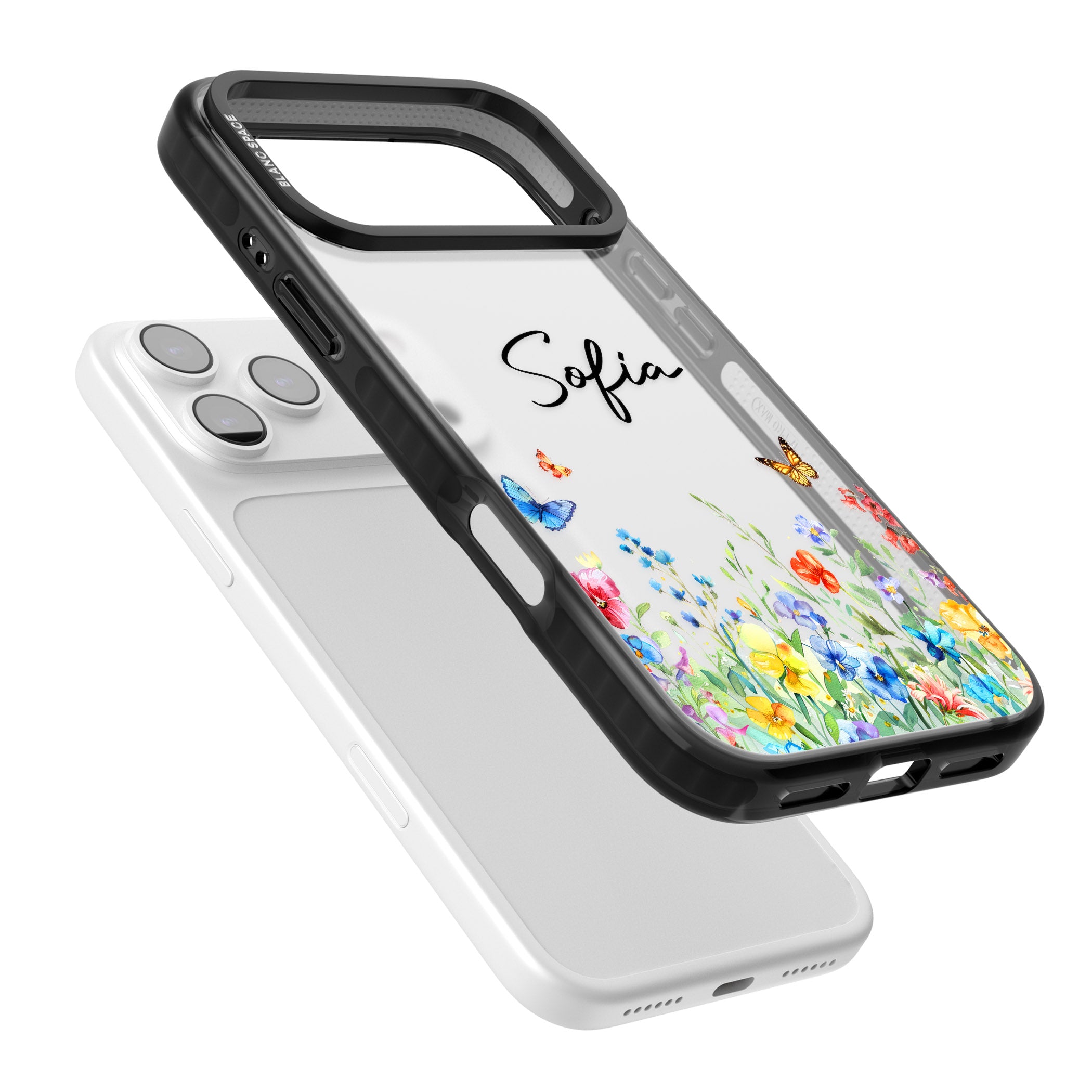 Personalised Buterflies Wildflowers iPhone 17 Pro Impact Black Phone Case Colours