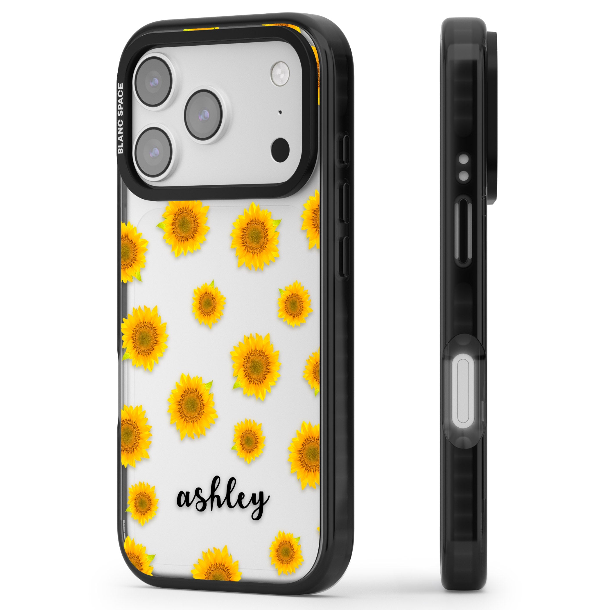 Personalised Sunflowers & Cursive iPhone 17 Pro Impact Black Phone Case Side Profile