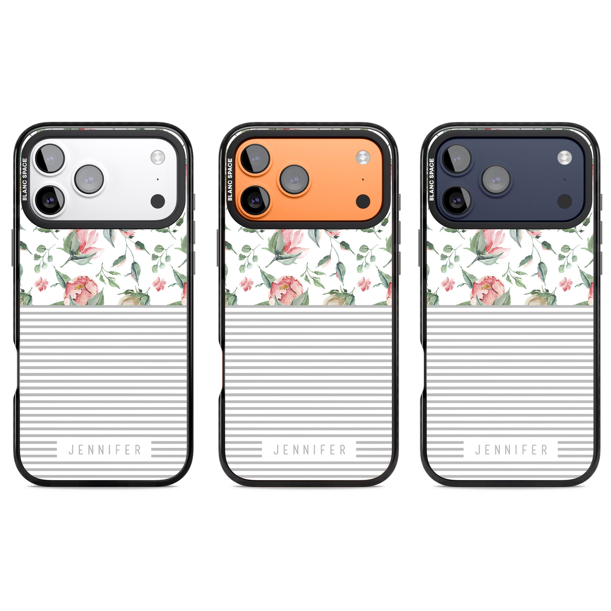 Personalised Light Floral Pattern & Stripes iPhone 17 Pro Impact Black Phone Case APT Impact Protection