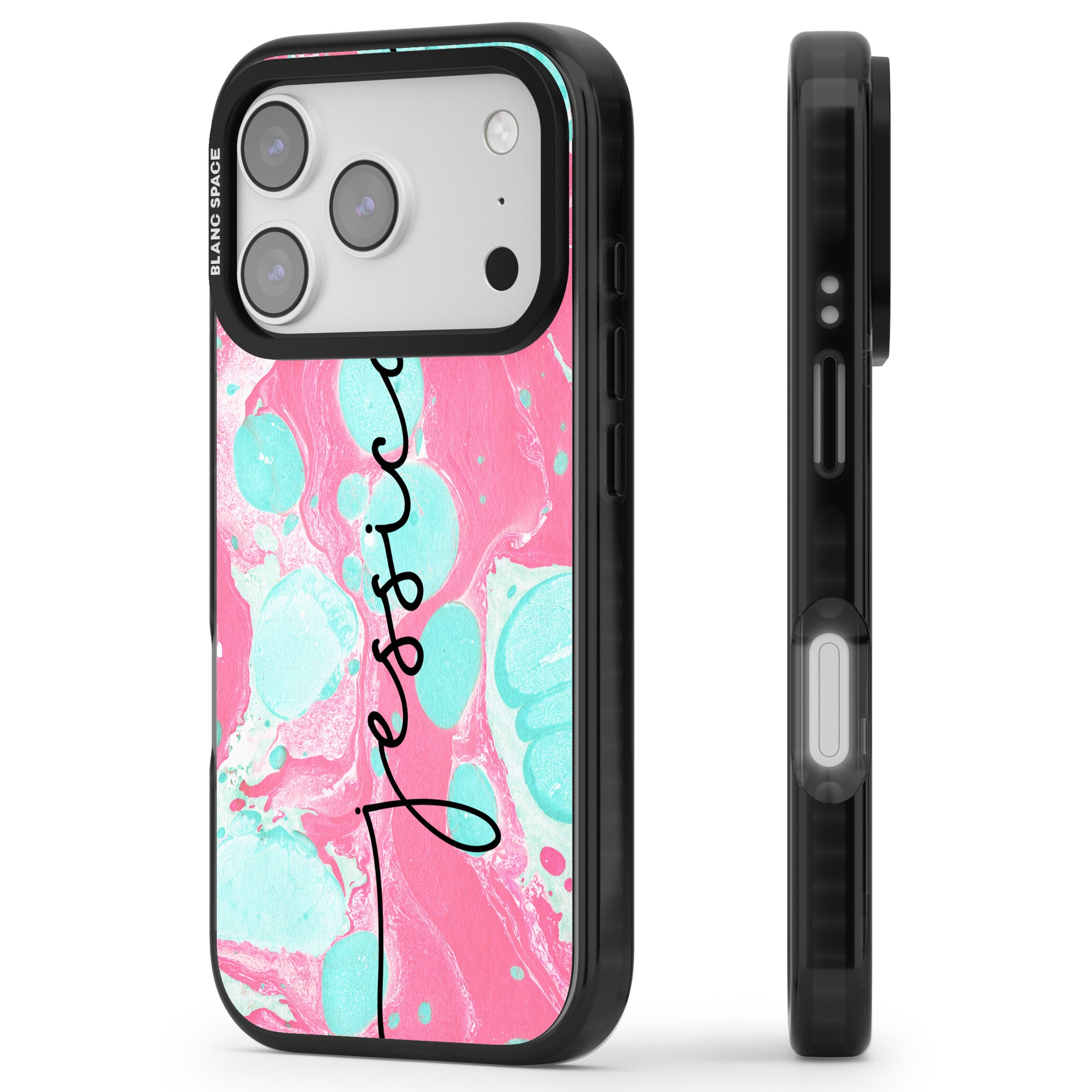 Personalised Turquoise & Pink Marbled iPhone 17 Pro Impact Black Phone Case Side Profile