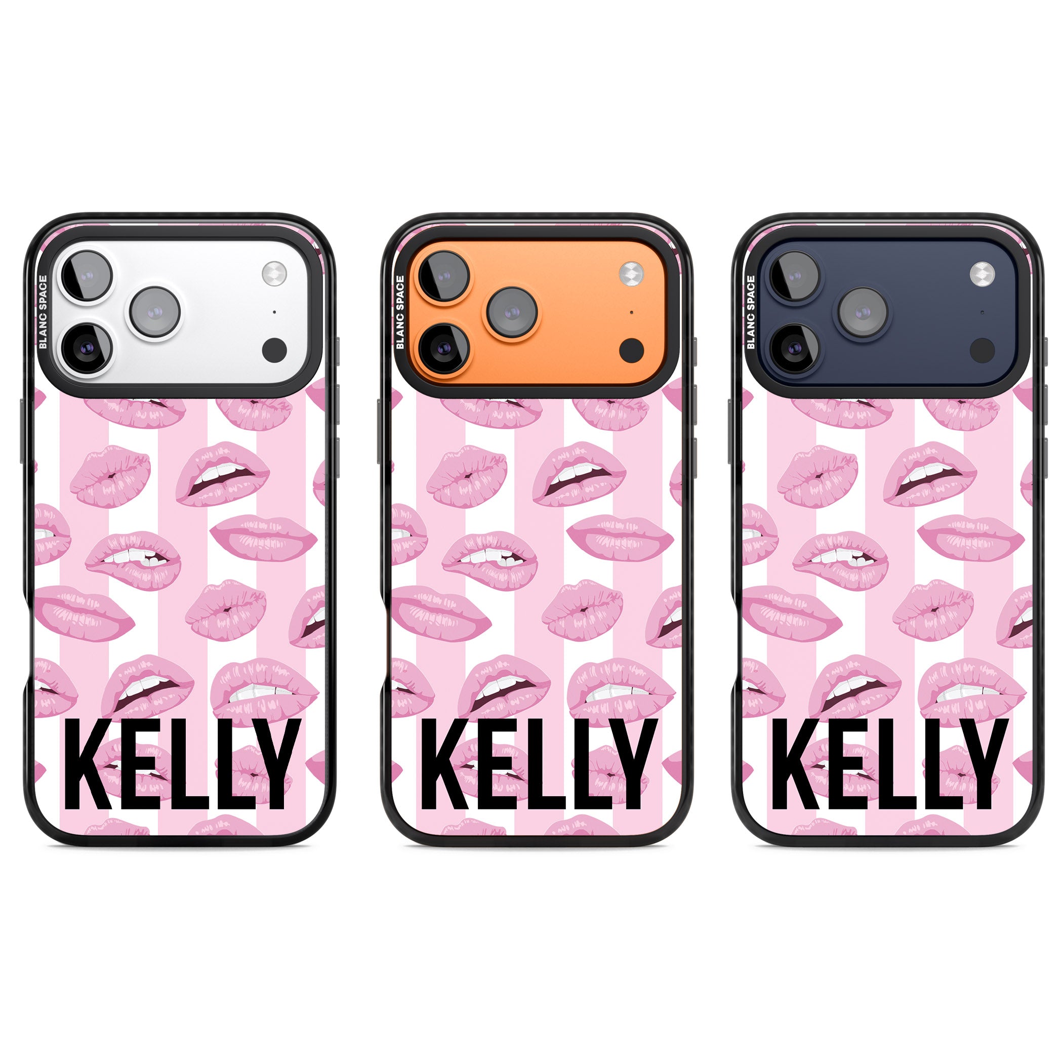 Personalised Pink Stripes & Lips iPhone 17 Pro Impact Black Phone Case APT Impact Protection