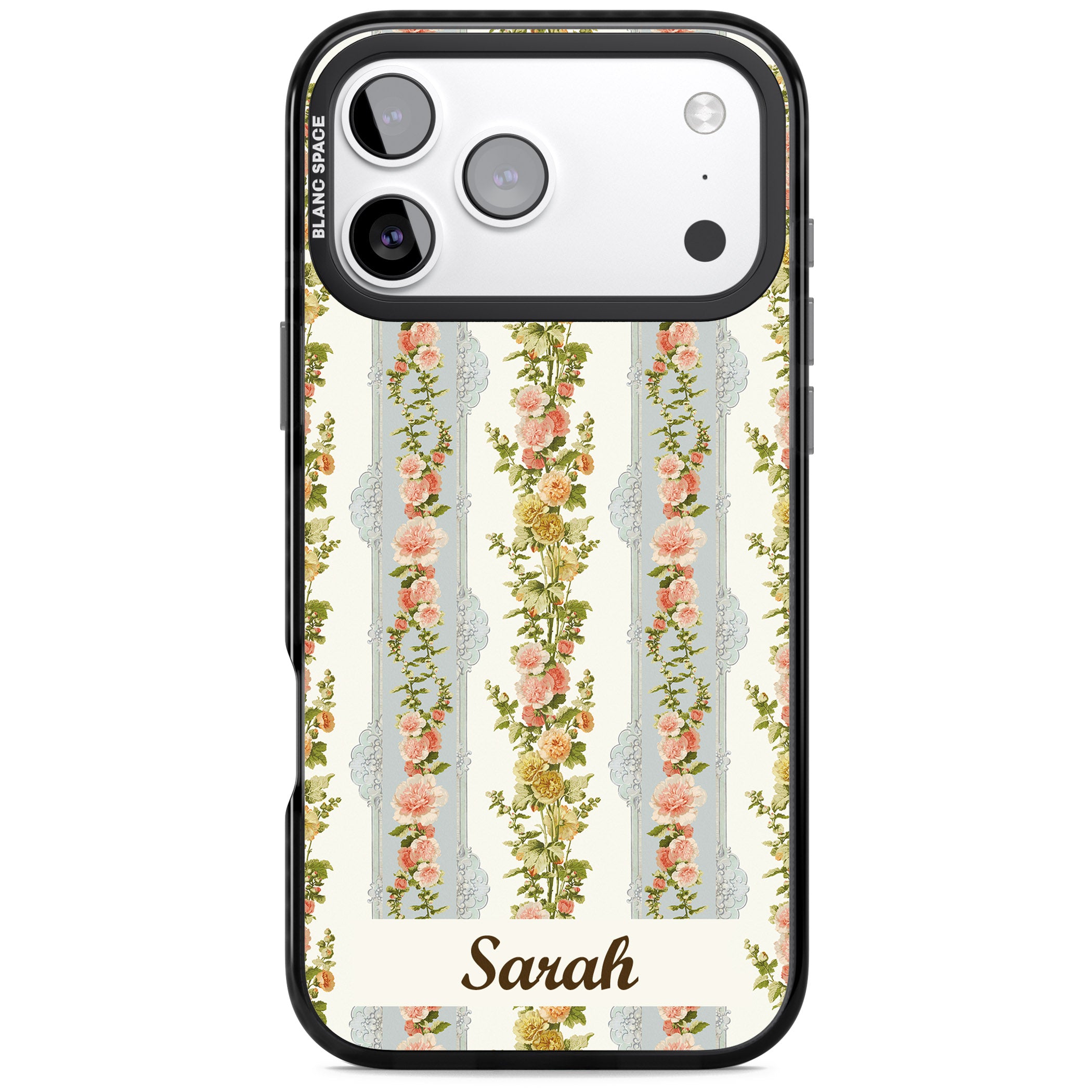 Personalised Vintage Floral Stripes iPhone 17 Pro Impact Black Phone Case