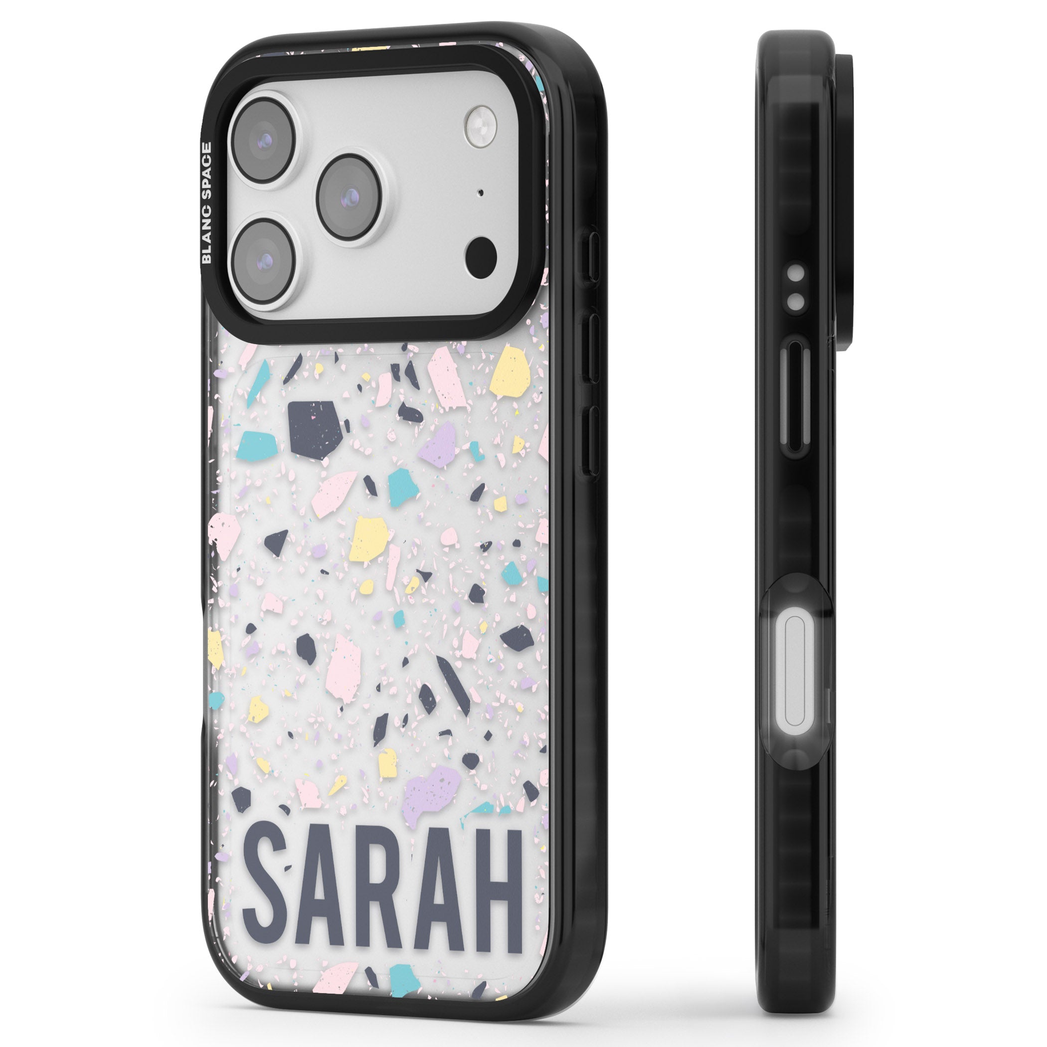 Personalised Pastel Terrazzo iPhone 17 Pro Impact Black Phone Case Side Profile