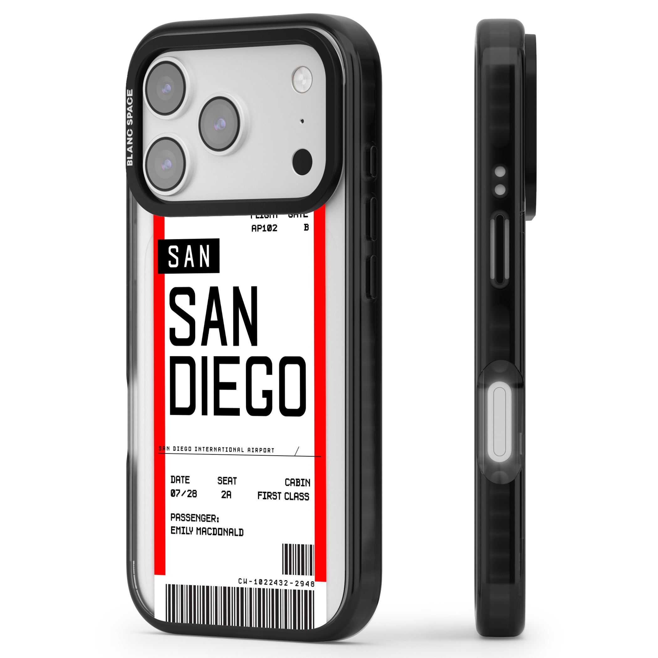 Personalised San Diego Boarding Pass iPhone 17 Pro Impact Black Phone Case Side Profile