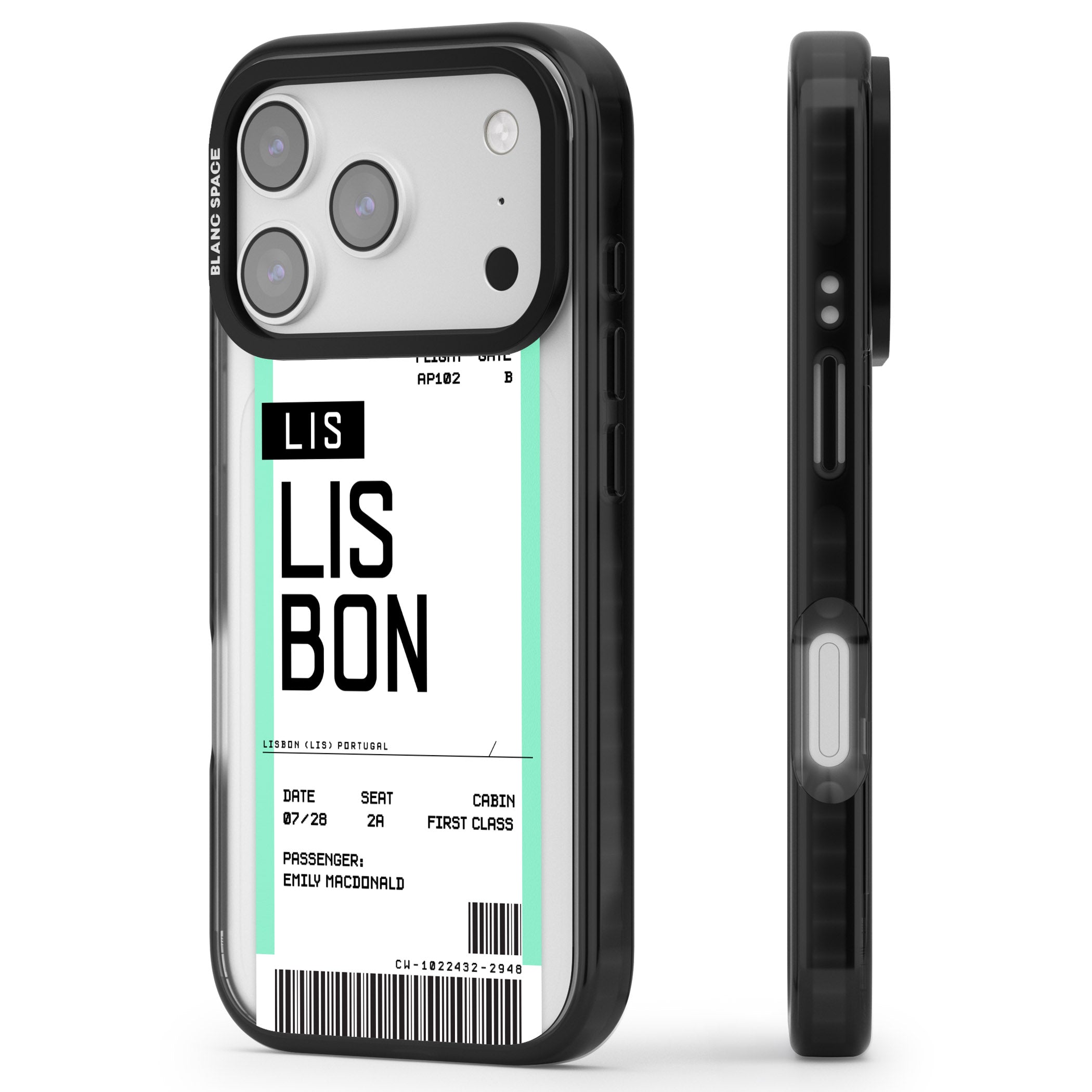 Personalised Lisbon Boarding Pass iPhone 17 Pro Impact Black Phone Case Side Profile