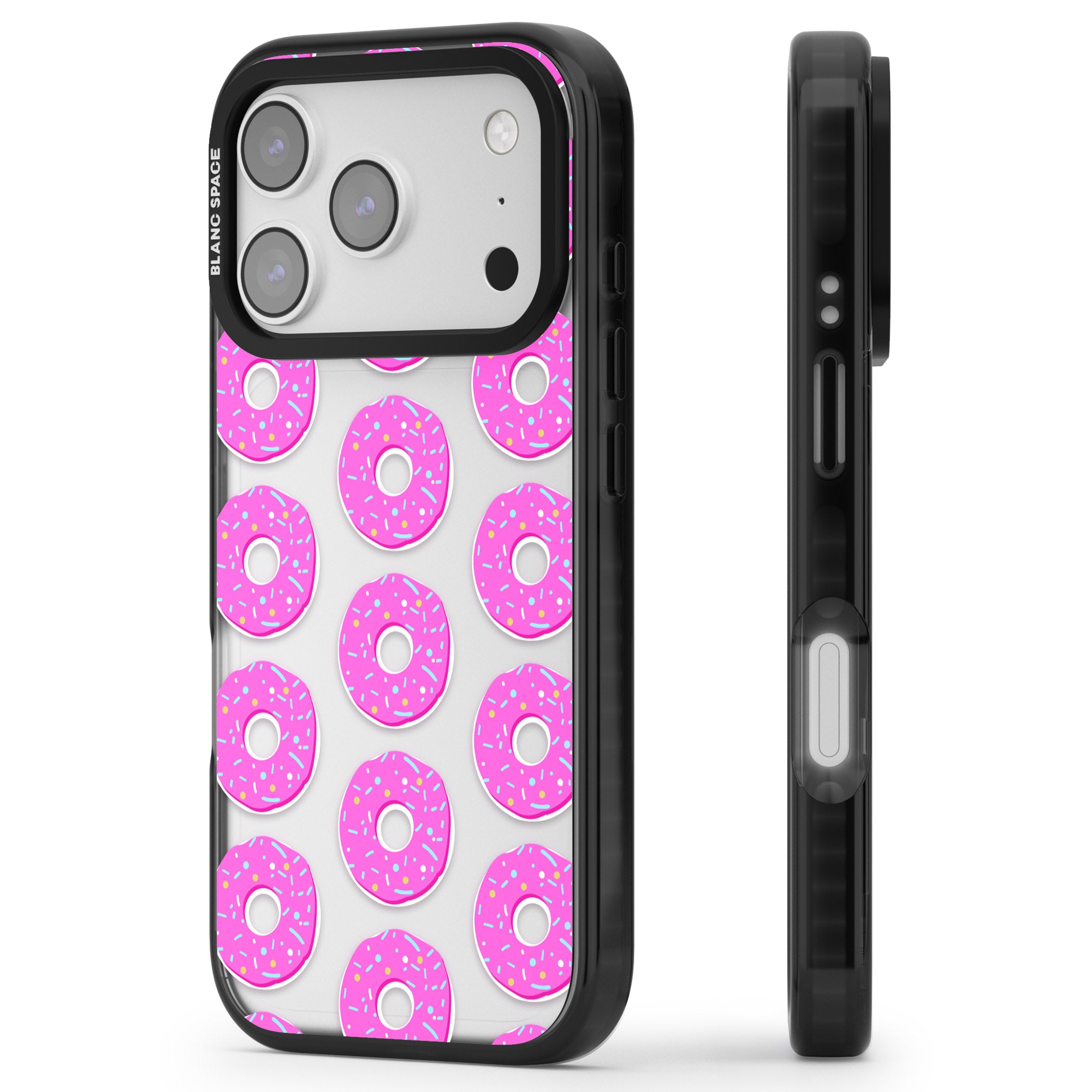 Pink Donut Pattern iPhone 17 Pro Impact Black Phone Case Side Profile