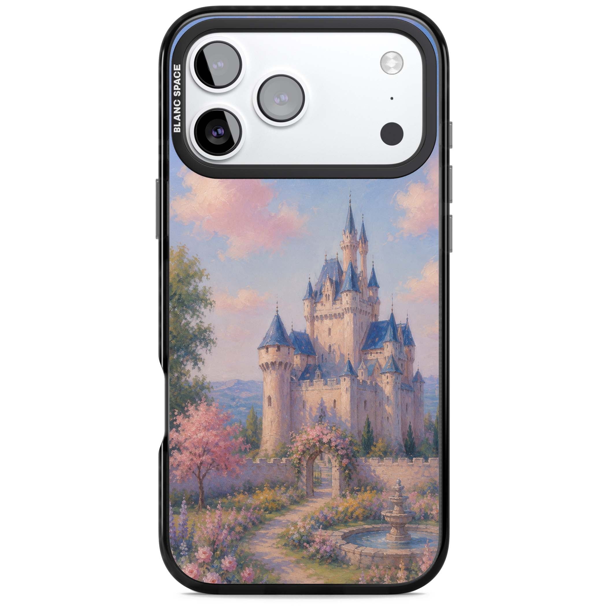 Enchanted Kingdom fairytale iPhone case featuring a romantic castle painting with cherry blossoms and pastel pink sky | Clear Impact case for iPhone 17 Pro, iPhone 17 Pro Max
