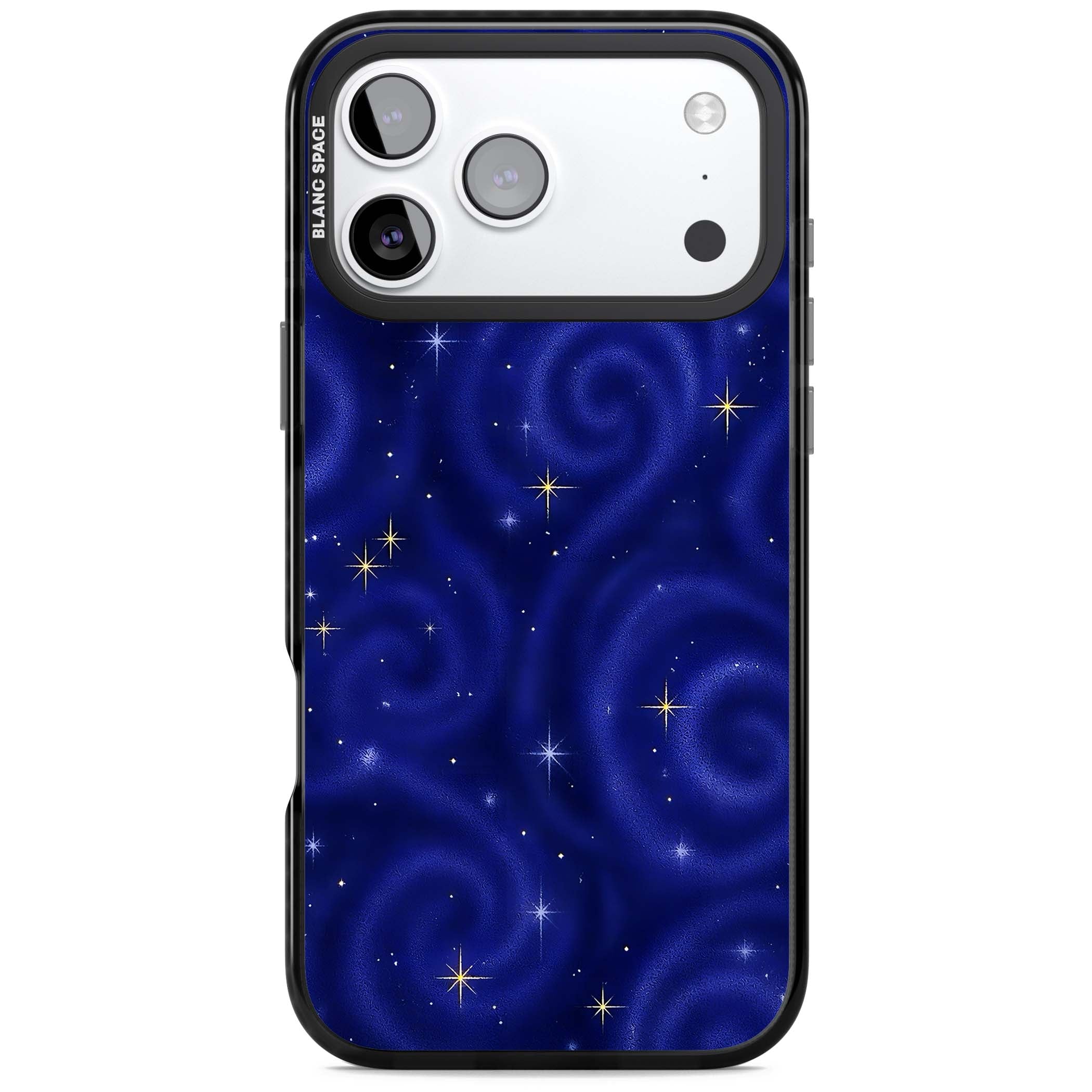 Indigo Cosmos celestial iPhone case featuring swirling navy night sky and sparkling golden stars | Clear Impact case for iPhone 17 Pro, iPhone 17 Pro Max