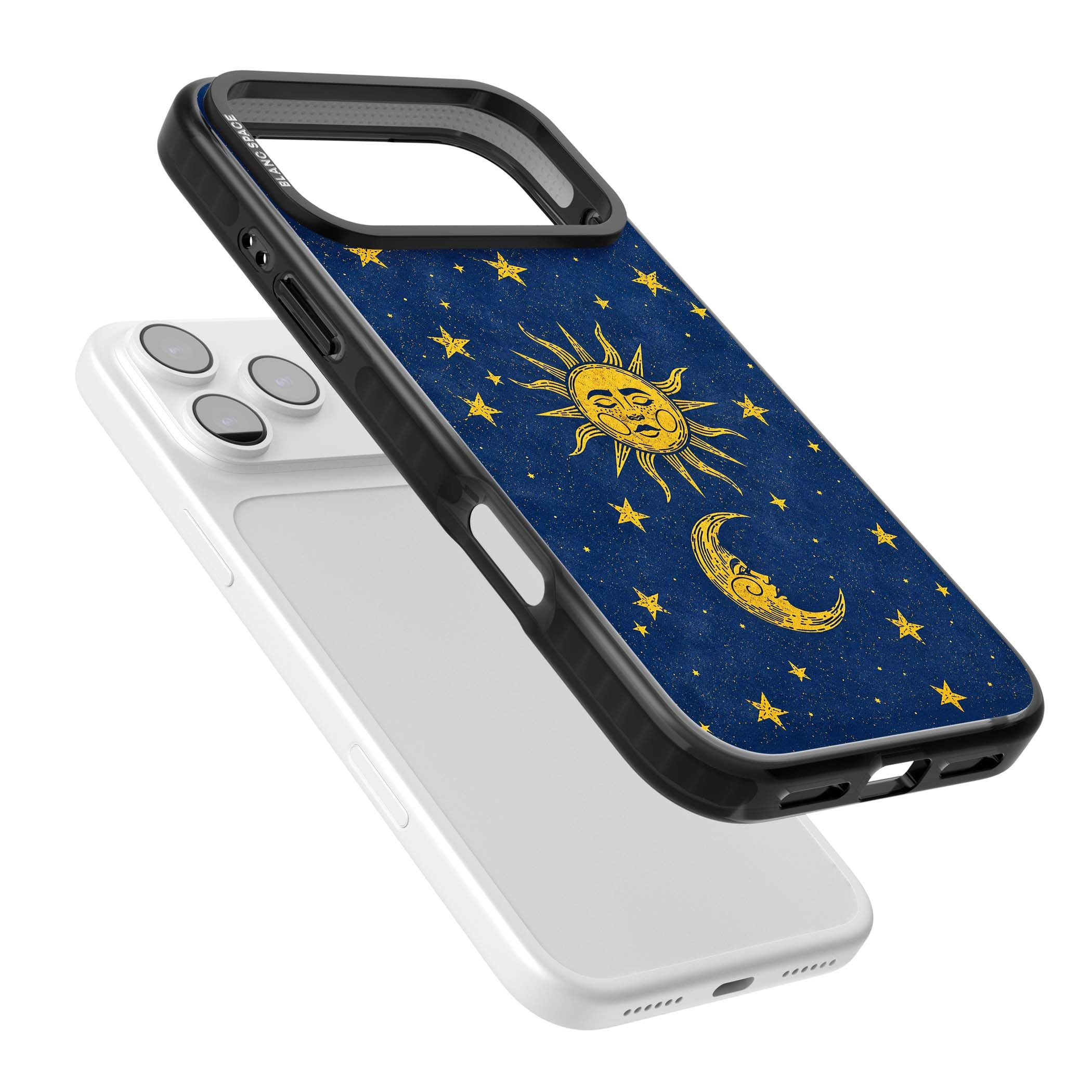 Sun & Moon Reverie celestial iPhone case featuring a vintage golden sun, crescent moon and scattered stars on midnight blue | Clear Impact case for iPhone 17 Pro, iPhone 17 Pro Max