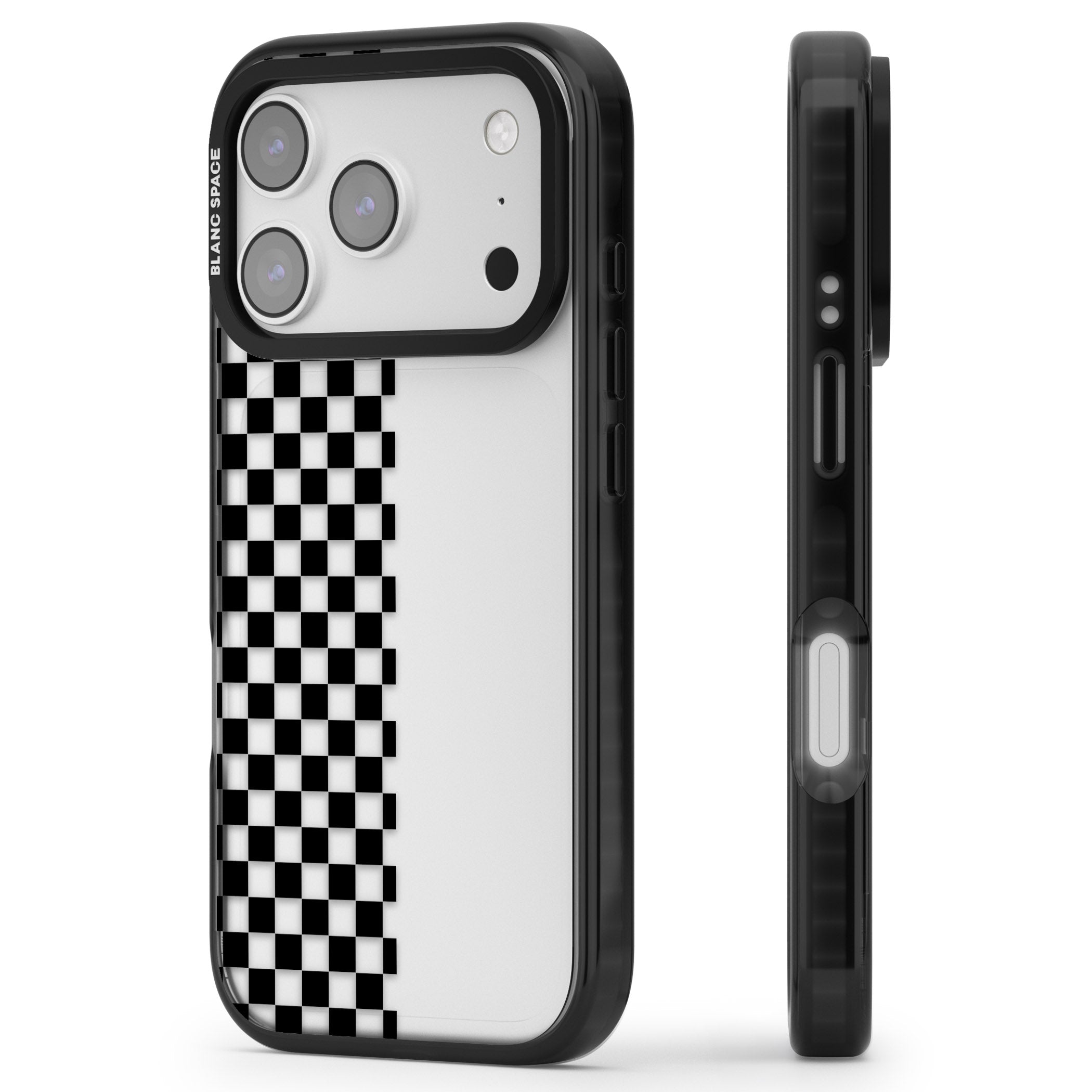 Checker: Half Black Check On Clear iPhone 17 Pro Impact Black Phone Case Side Profile