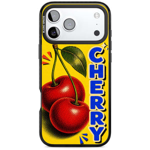 Cherry Yellow y2k iPhone case featuring two red cherries, halftone shading and bold blue CHERRY lettering on yellow | Clear Impact case for iPhone 17 Pro, iPhone 17 Pro Max
