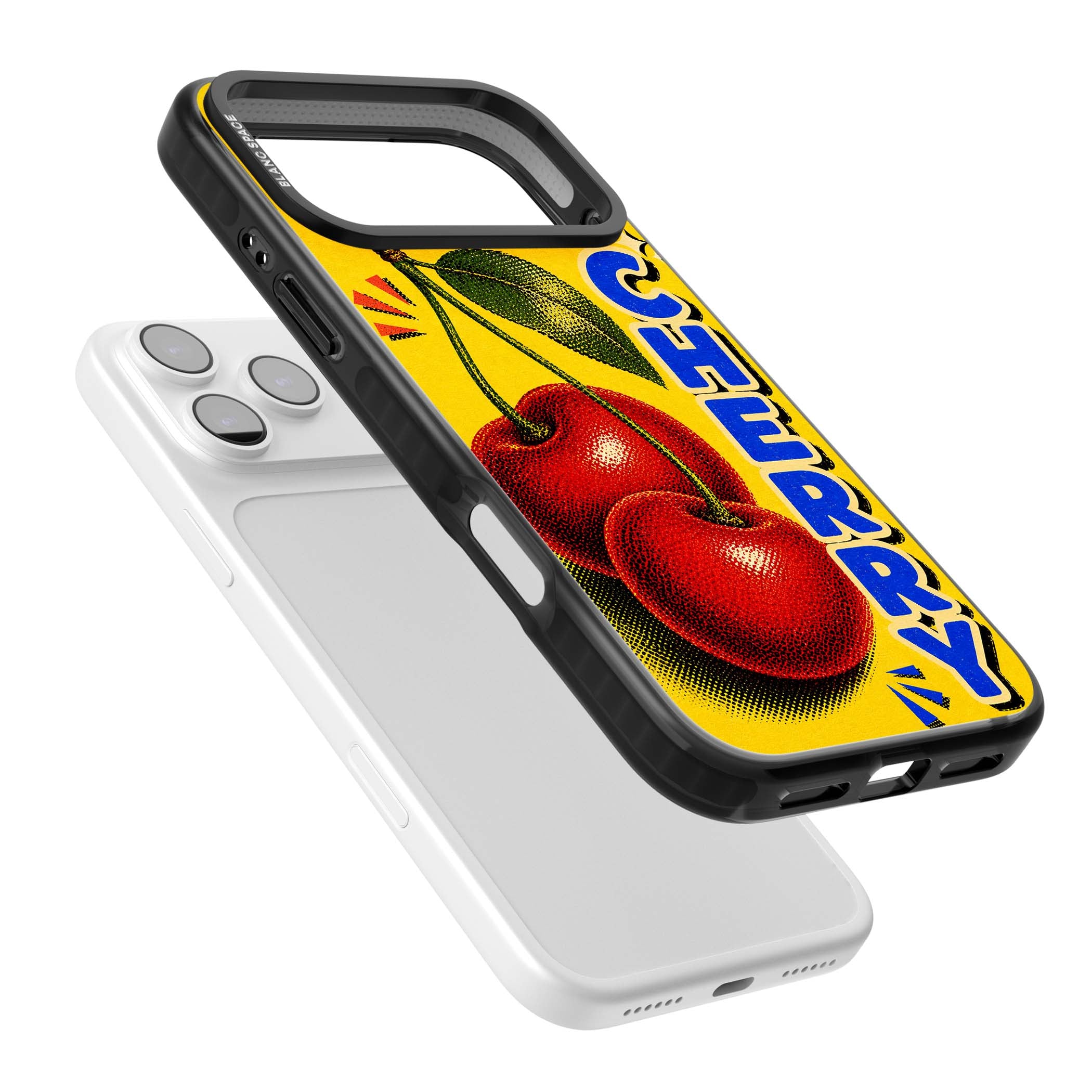 Cherry Yellow y2k iPhone case featuring two red cherries, halftone shading and bold blue CHERRY lettering on yellow | Clear Impact case for iPhone 17 Pro, iPhone 17 Pro Max