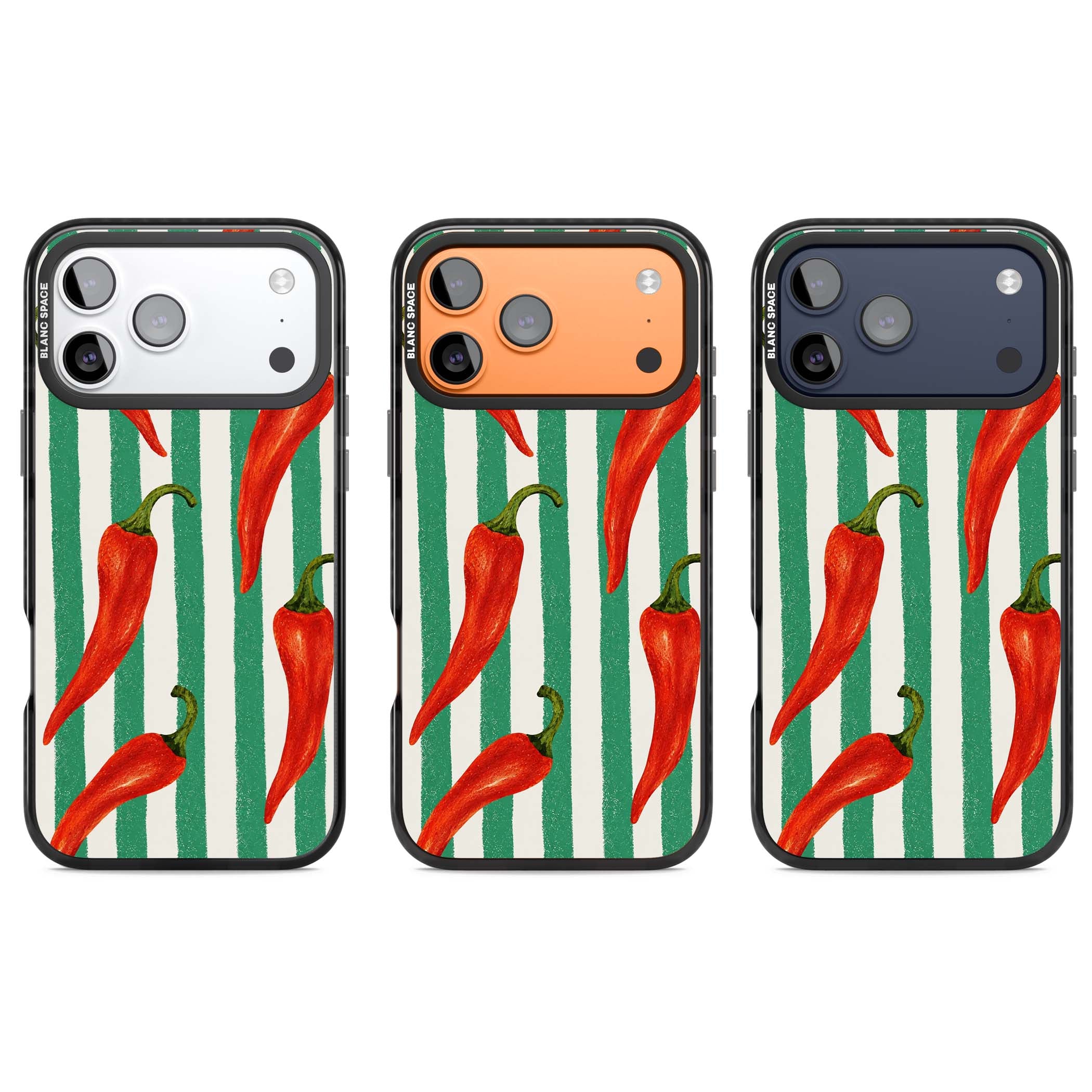 Striped Chillis coastal iPhone case featuring hand-painted red chili peppers on green and cream stripes | Clear Impact case for iPhone 17 Pro, iPhone 17 Pro Max