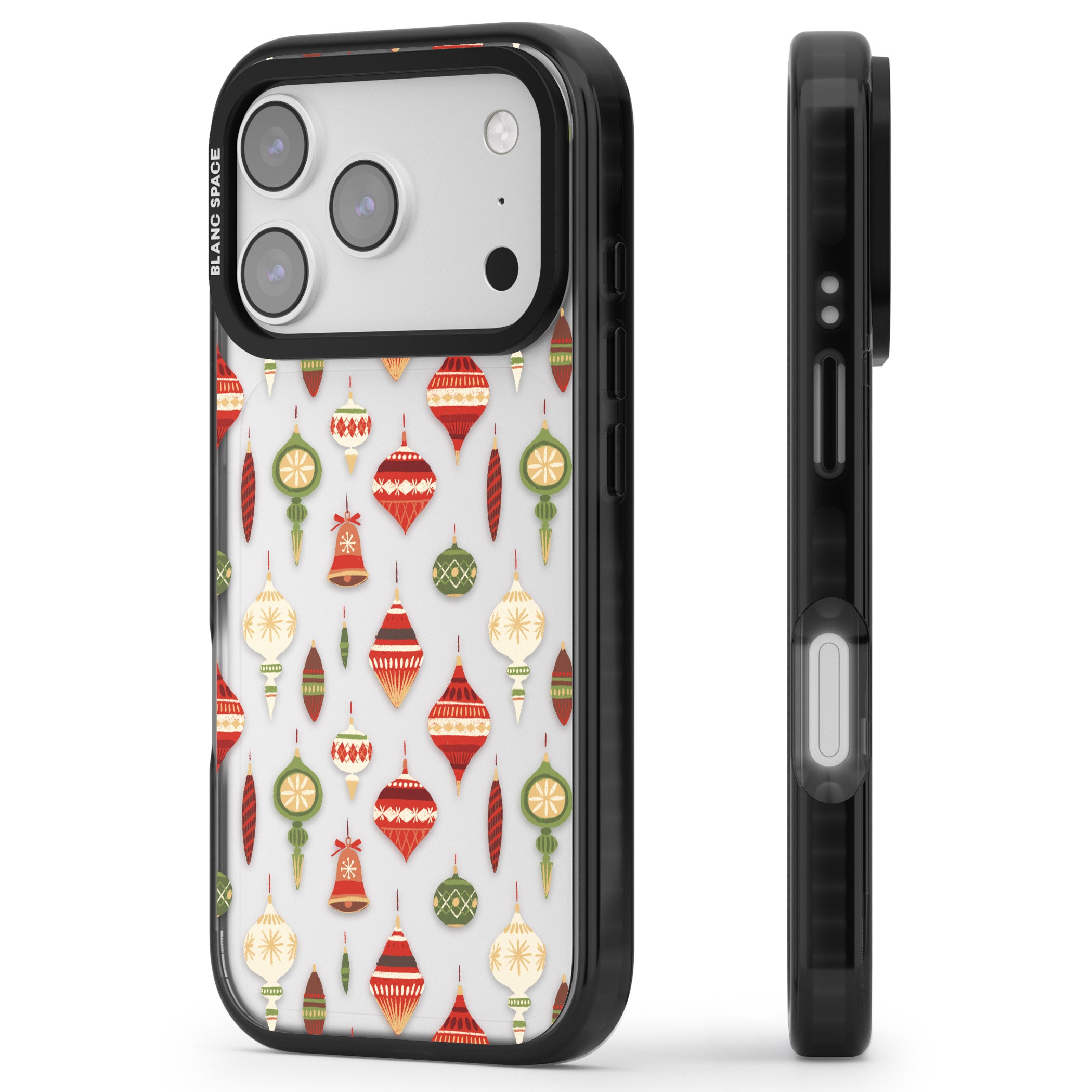 Christmas Baubles Pattern iPhone 17 Pro Impact Black Phone Case Side Profile