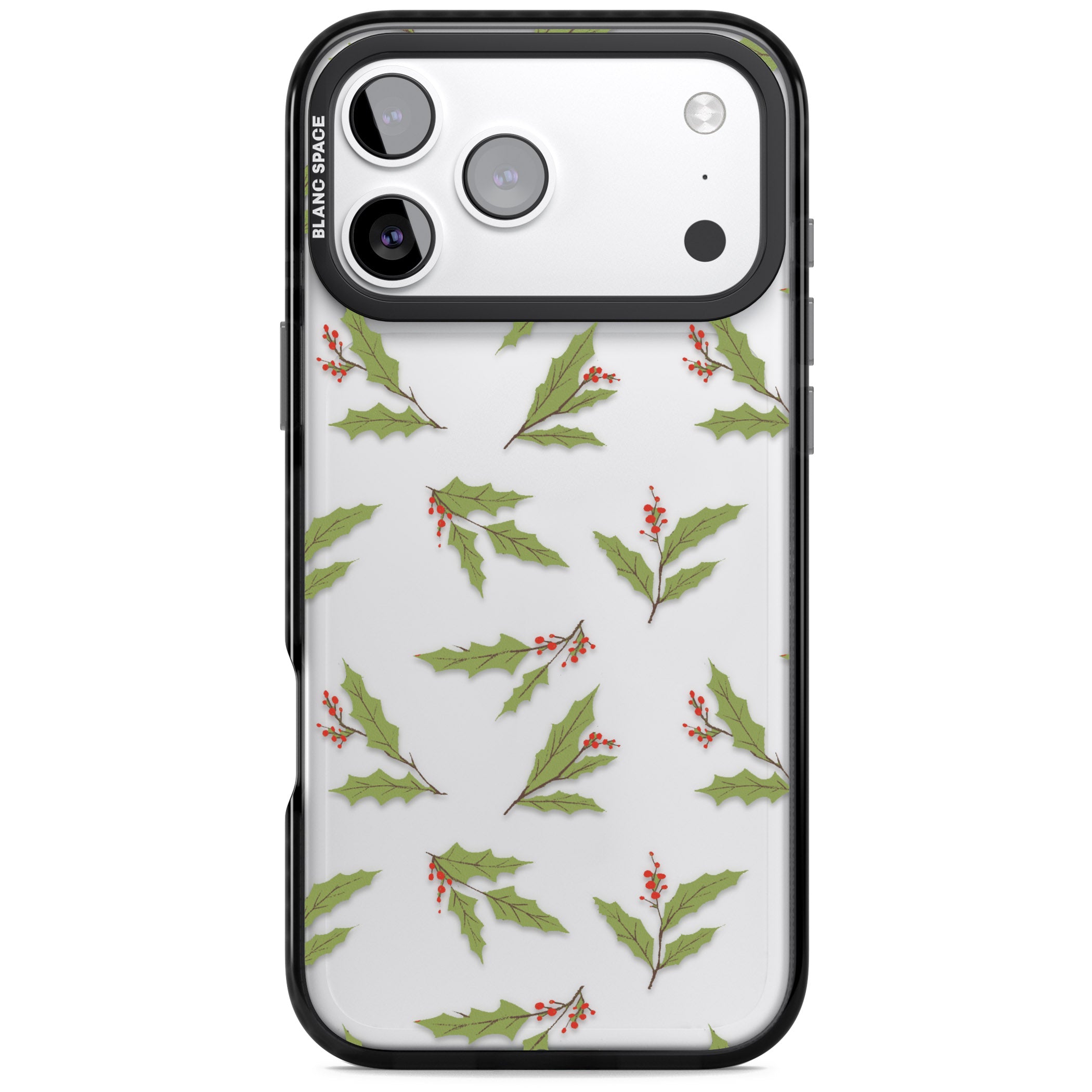 Christmas Holly Pattern iPhone 17 Pro Impact Black Phone Case