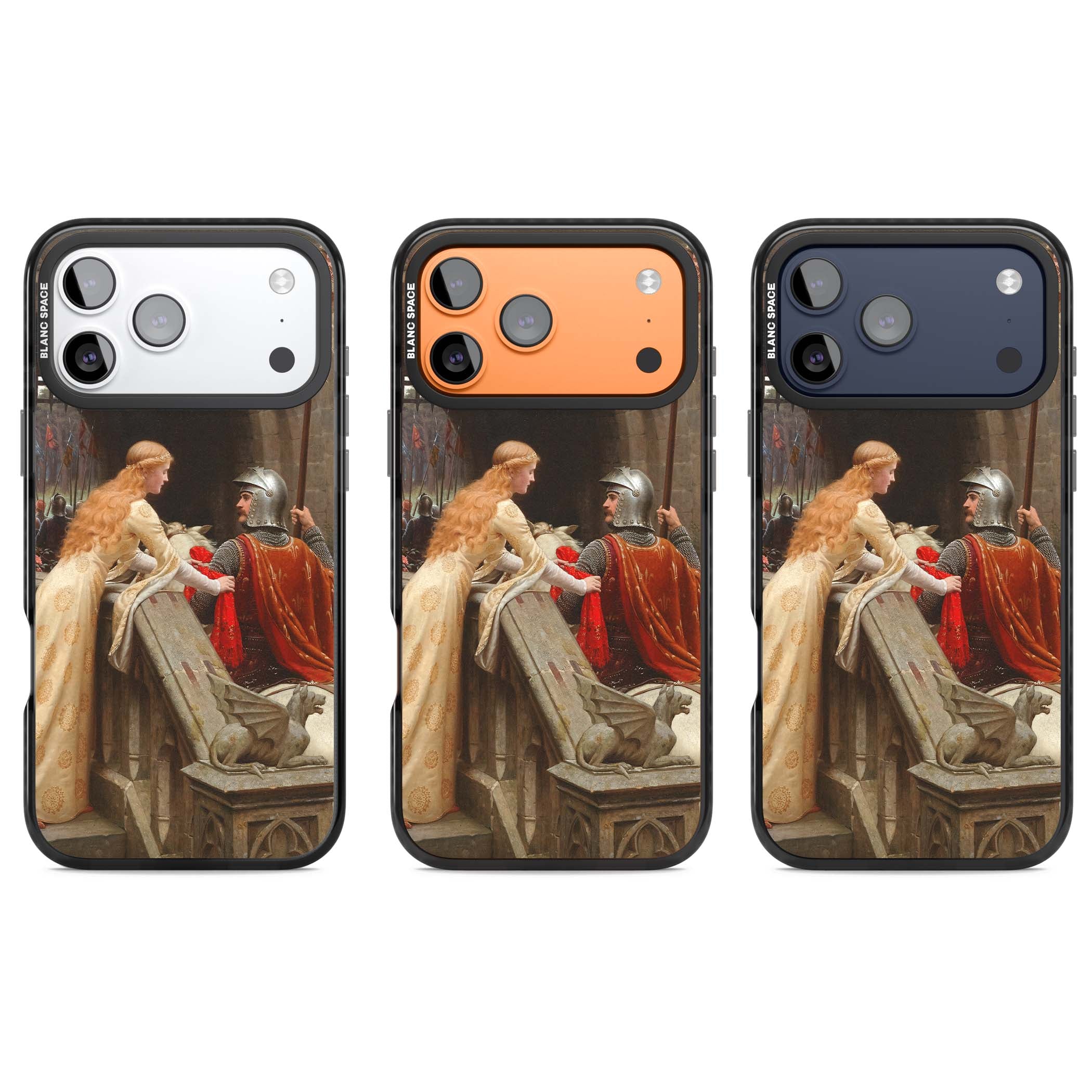 God Speed fine art iPhone case featuring Edmund Blair Leighton's medieval knight and lady beneath a stone archway | Clear Impact case for iPhone 17 Pro, iPhone 17 Pro Max