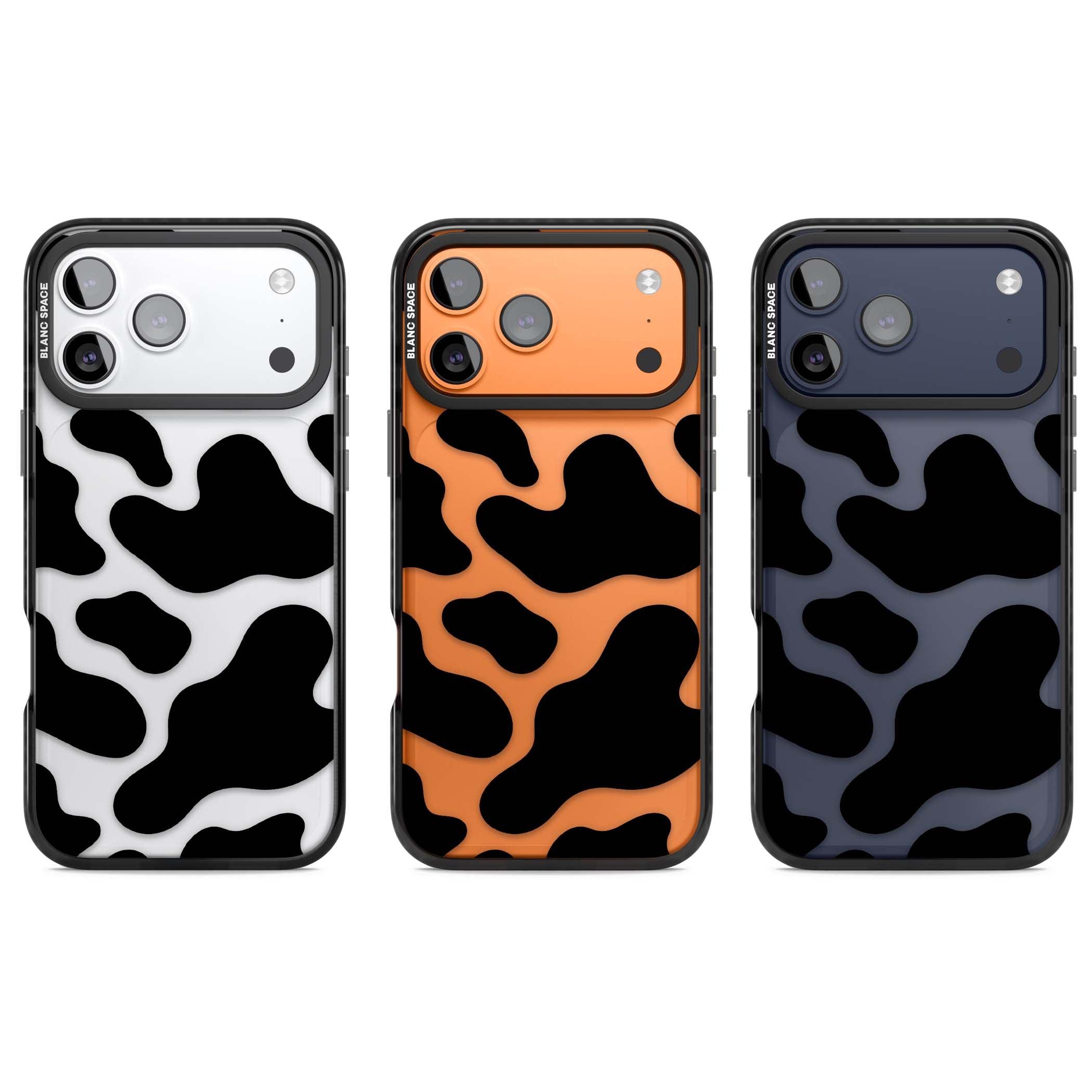 Clear Cow Print cow print iPhone case featuring black and white cow pattern splotches on a clear background | Clear Impact case for iPhone 17 Pro, iPhone 17 Pro Max