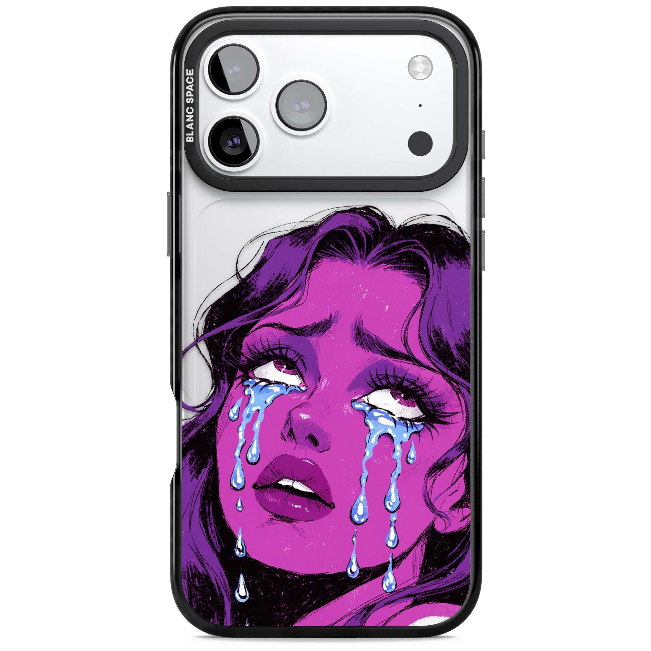 Drama Queen pop art iPhone case featuring a purple crying comic girl with blue tears | Clear Impact case for iPhone 17 Pro, iPhone 17 Pro Max