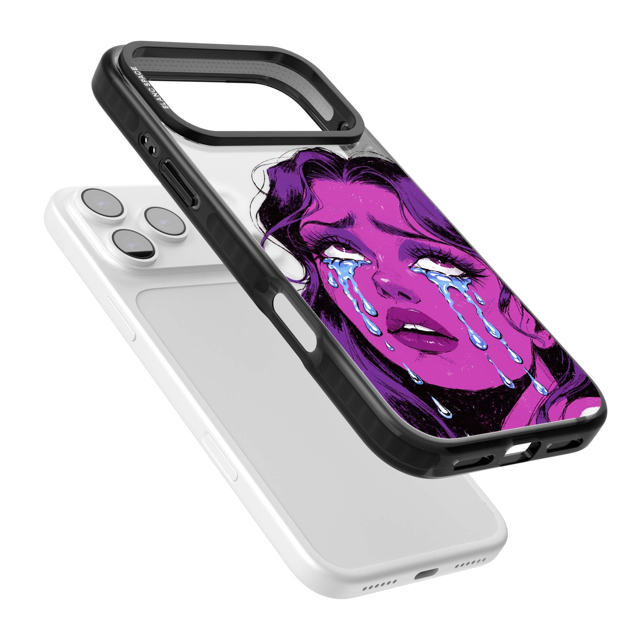 Drama Queen pop art iPhone case featuring a purple crying comic girl with blue tears | Clear Impact case for iPhone 17 Pro, iPhone 17 Pro Max
