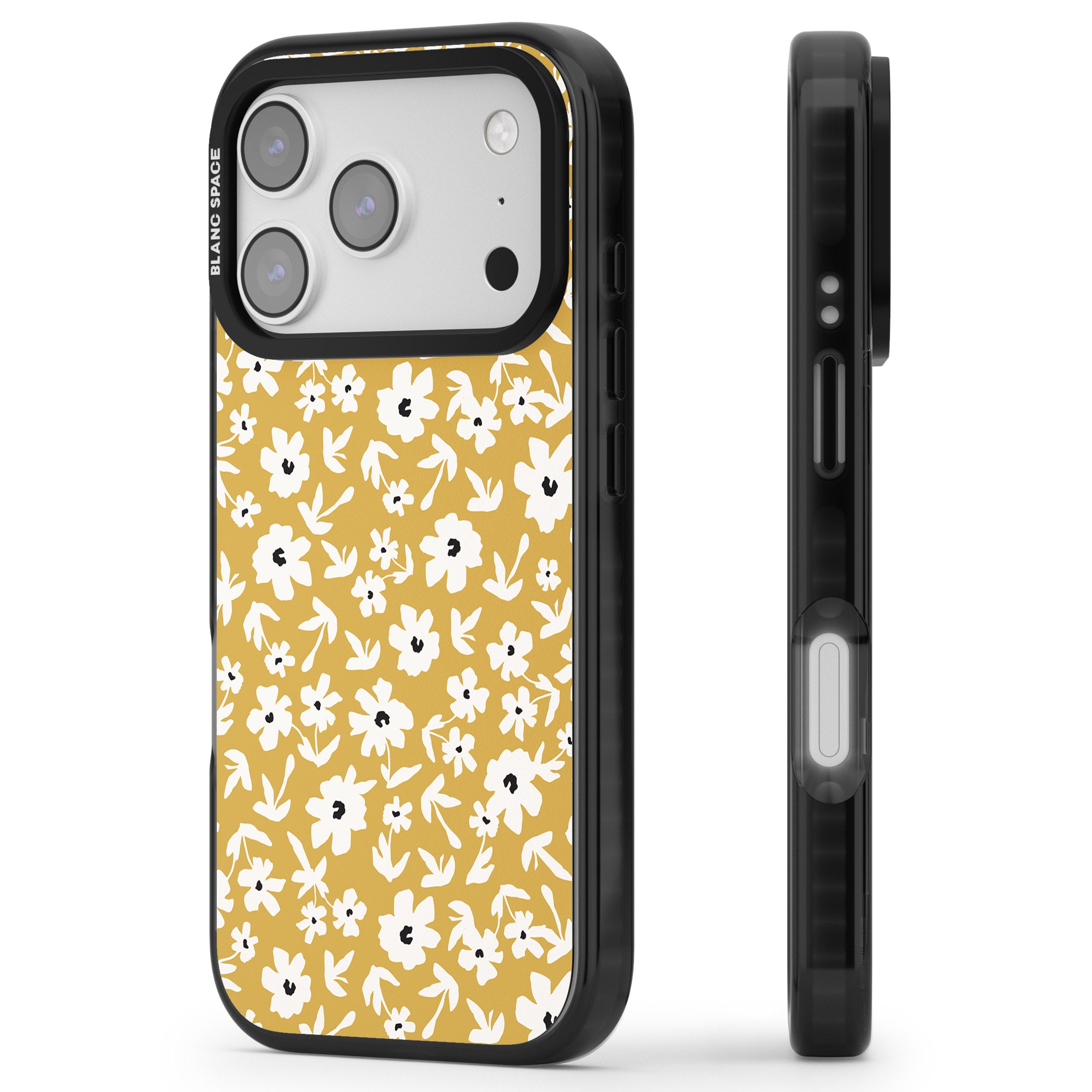 Mustard Floral iPhone 17 Pro Max Impact Black Phone Case Side Profile