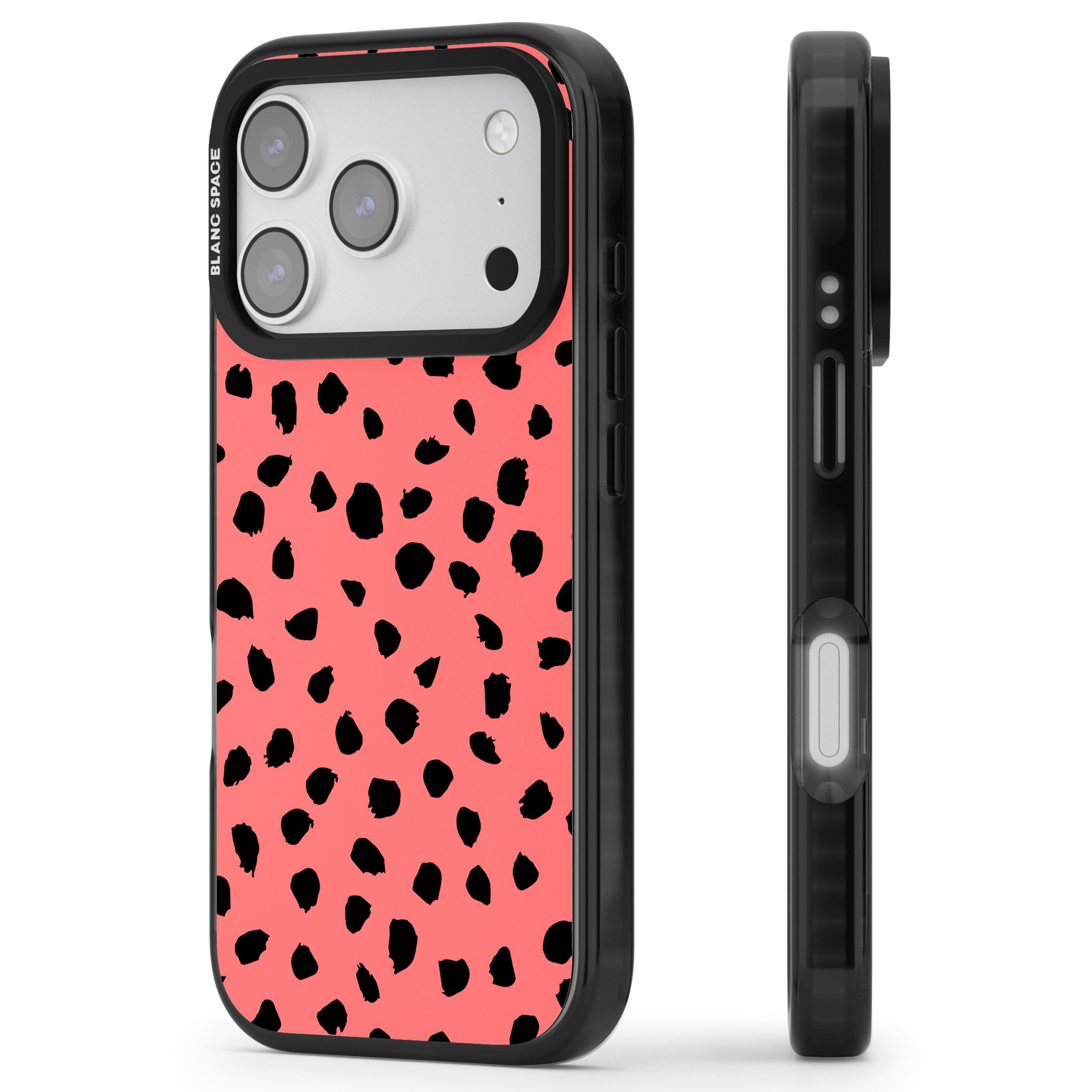 Black Dalmatian Spots On Coral iPhone 17 Pro Impact Black Phone Case Side Profile