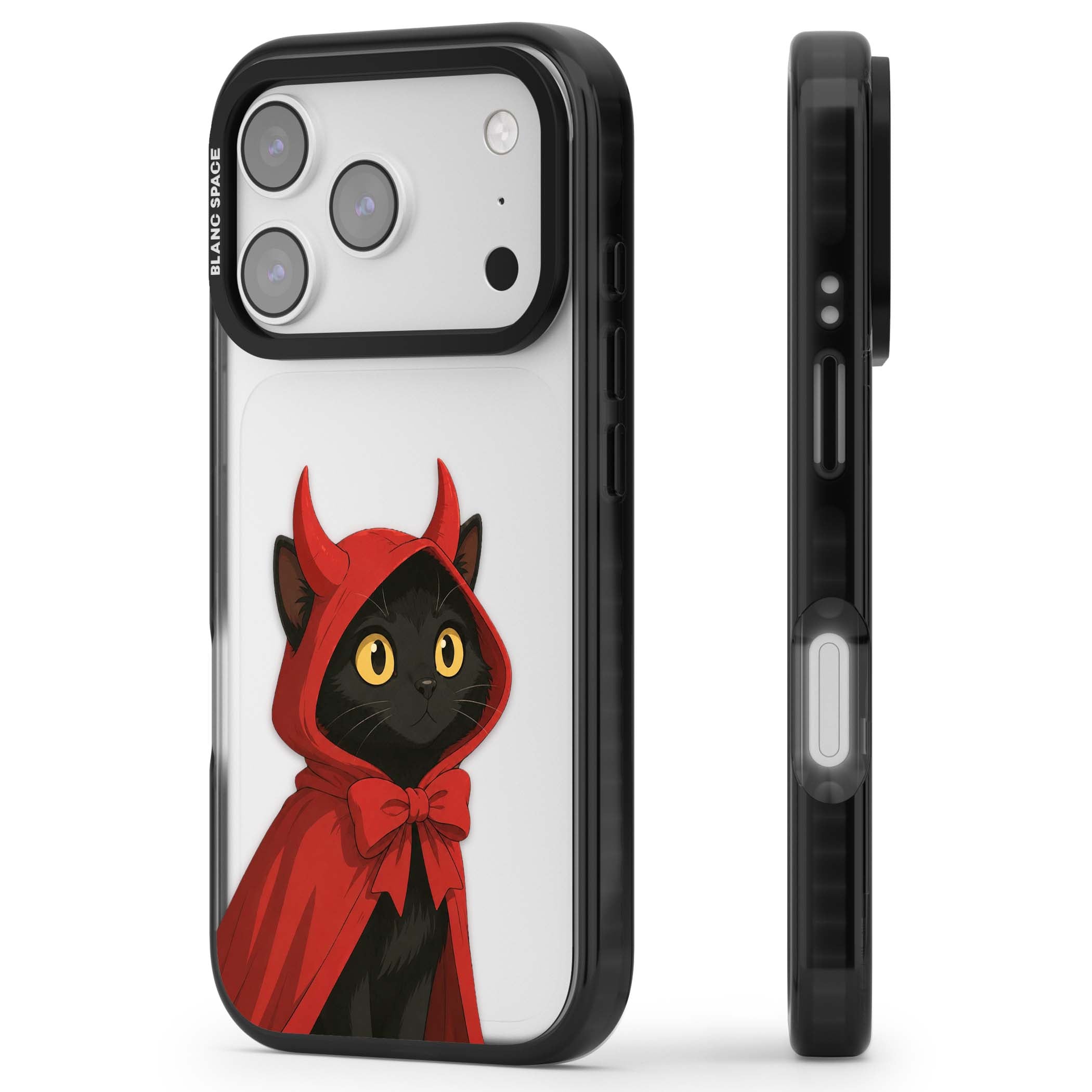 Little Devil halloween iPhone case featuring a black cat in a red hooded devil cloak with horns and golden eyes | Clear Impact case for iPhone 17 Pro, iPhone 17 Pro Max