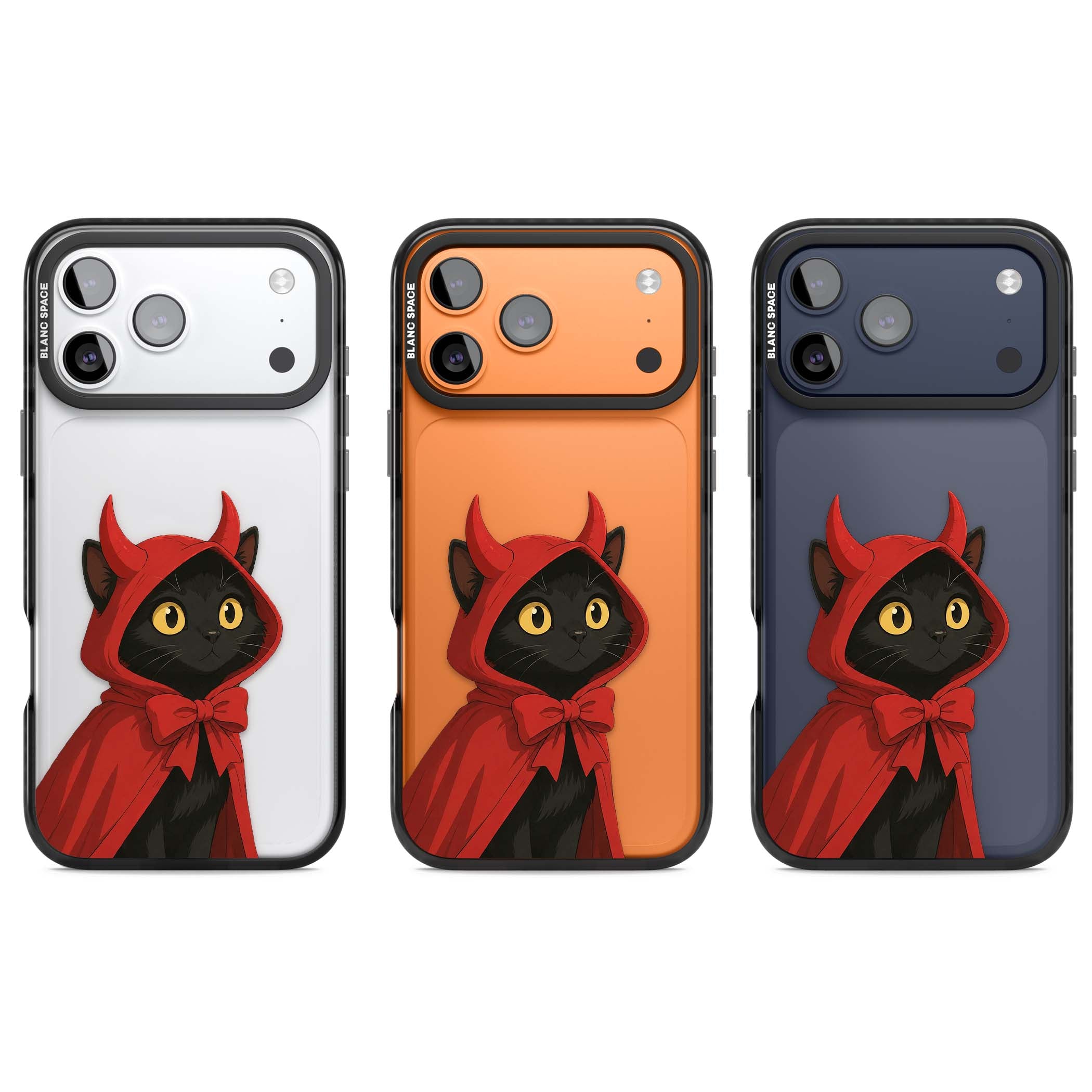 Little Devil halloween iPhone case featuring a black cat in a red hooded devil cloak with horns and golden eyes | Clear Impact case for iPhone 17 Pro, iPhone 17 Pro Max