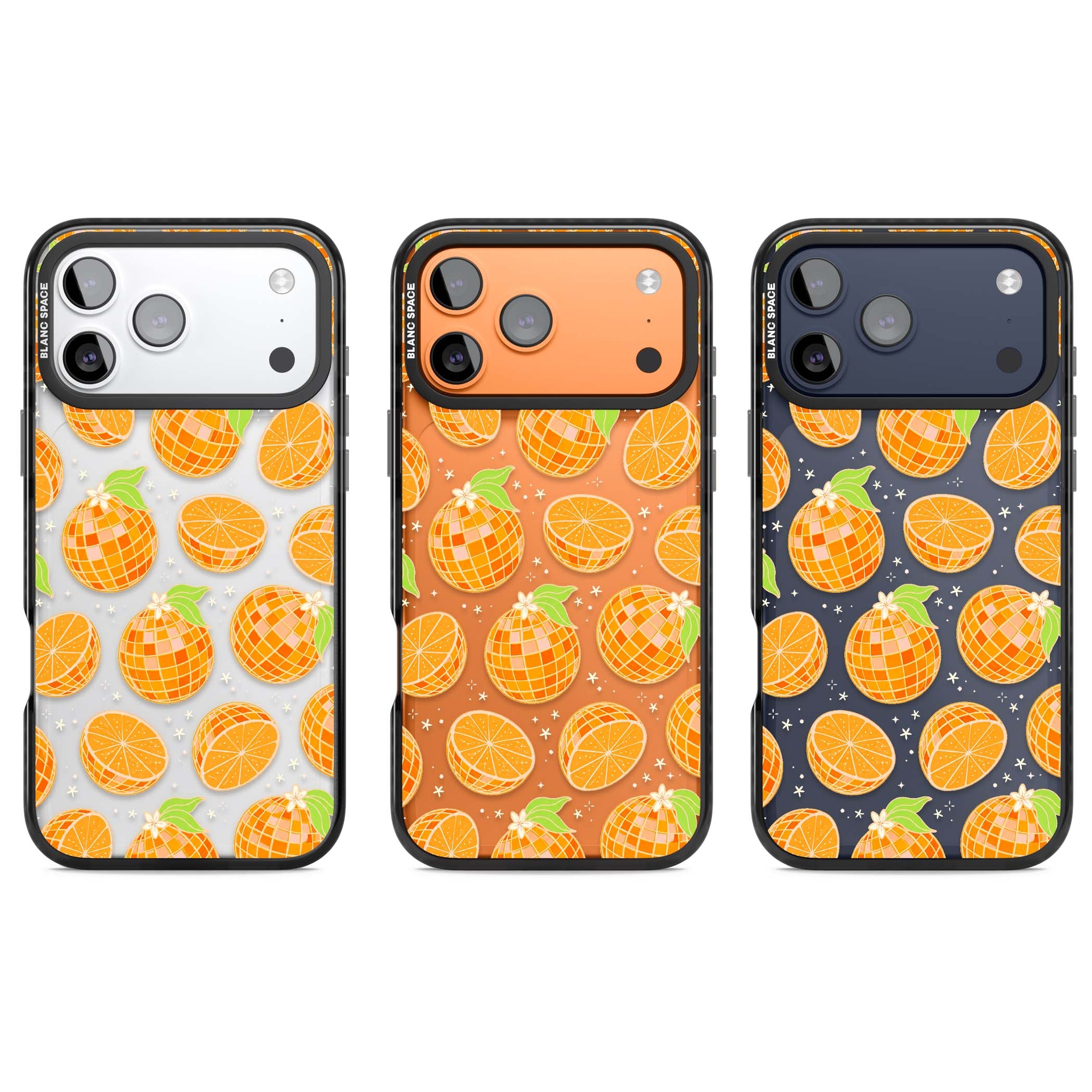 Disco Oranges retro iPhone case featuring mirrorball oranges, citrus slices and tiny blossoms on clear | Clear Impact case for iPhone 17 Pro, iPhone 17 Pro Max