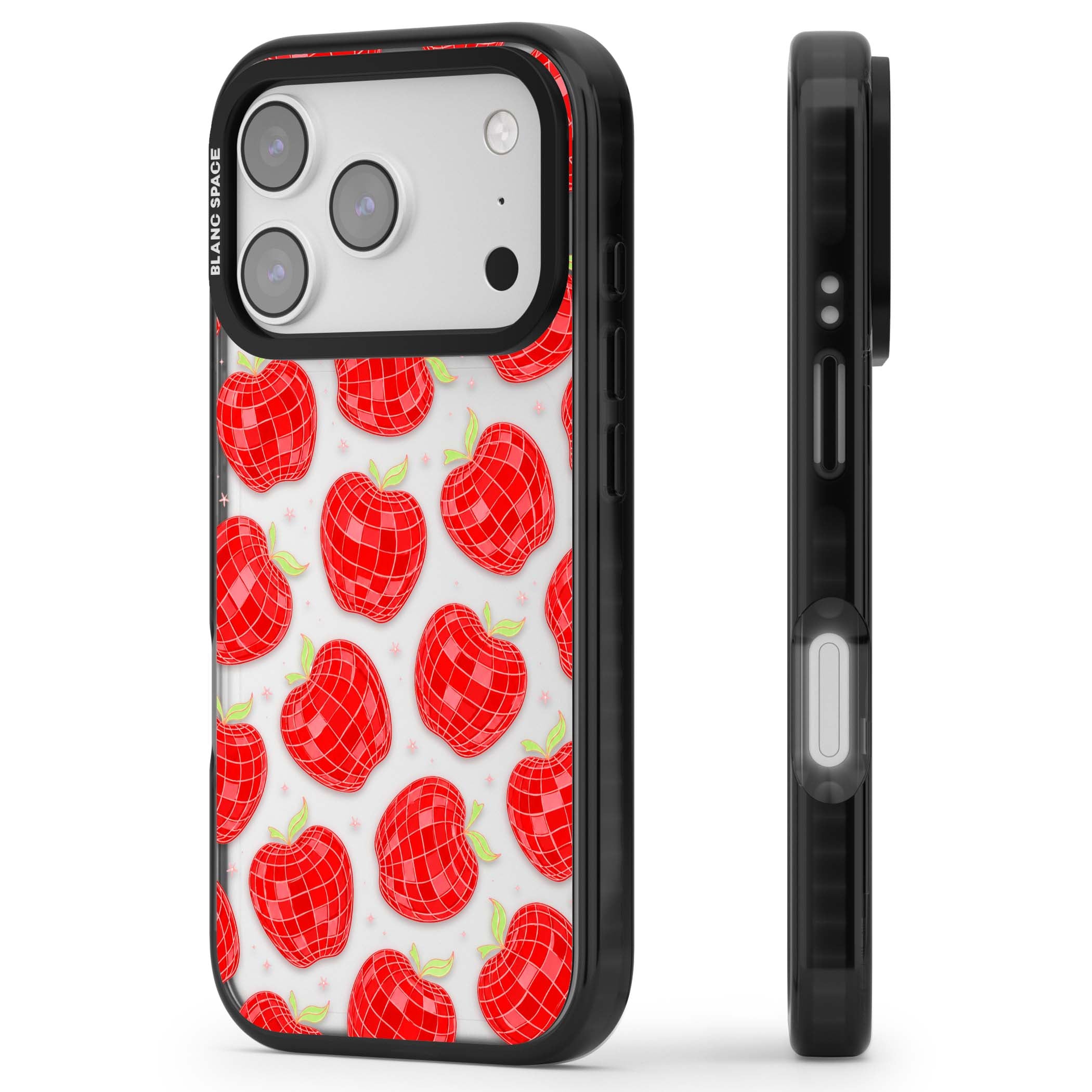 Disco Apples Y2K iPhone case featuring red disco ball apples, green leaves and pink sparkles on clear | Clear Impact case for iPhone 17 Pro, iPhone 17 Pro Max