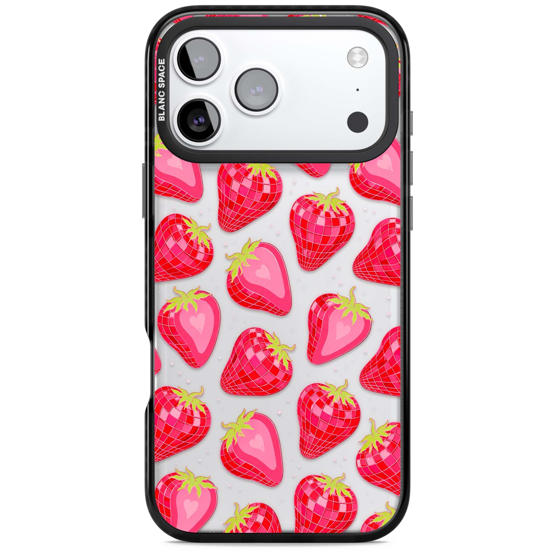Disco Strawberry Y2K iPhone case featuring pink disco-ball strawberries, green leaves and tiny sparkles | Clear Impact case for iPhone 17 Pro, iPhone 17 Pro Max