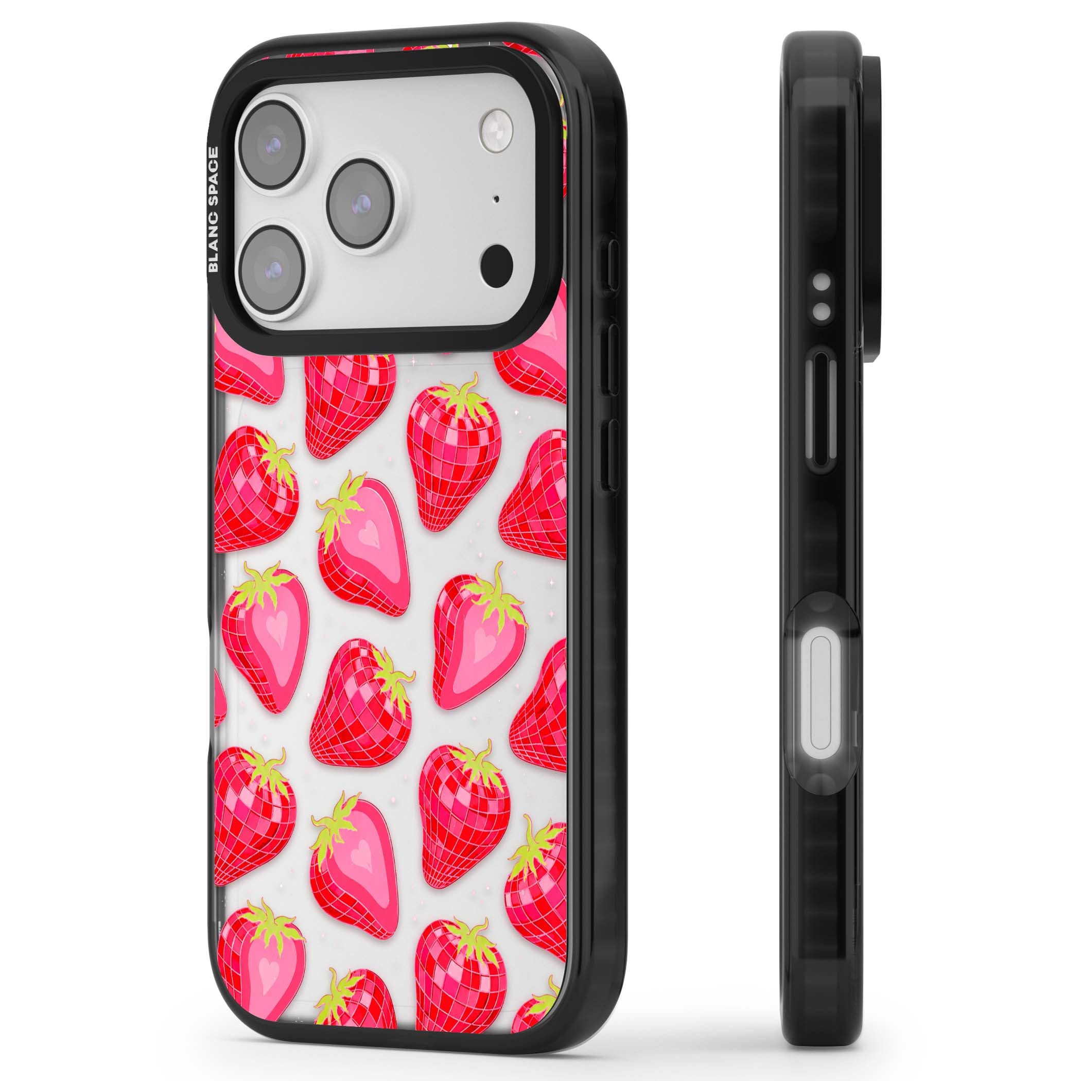 Disco Strawberry Y2K iPhone case featuring pink disco-ball strawberries, green leaves and tiny sparkles | Clear Impact case for iPhone 17 Pro, iPhone 17 Pro Max