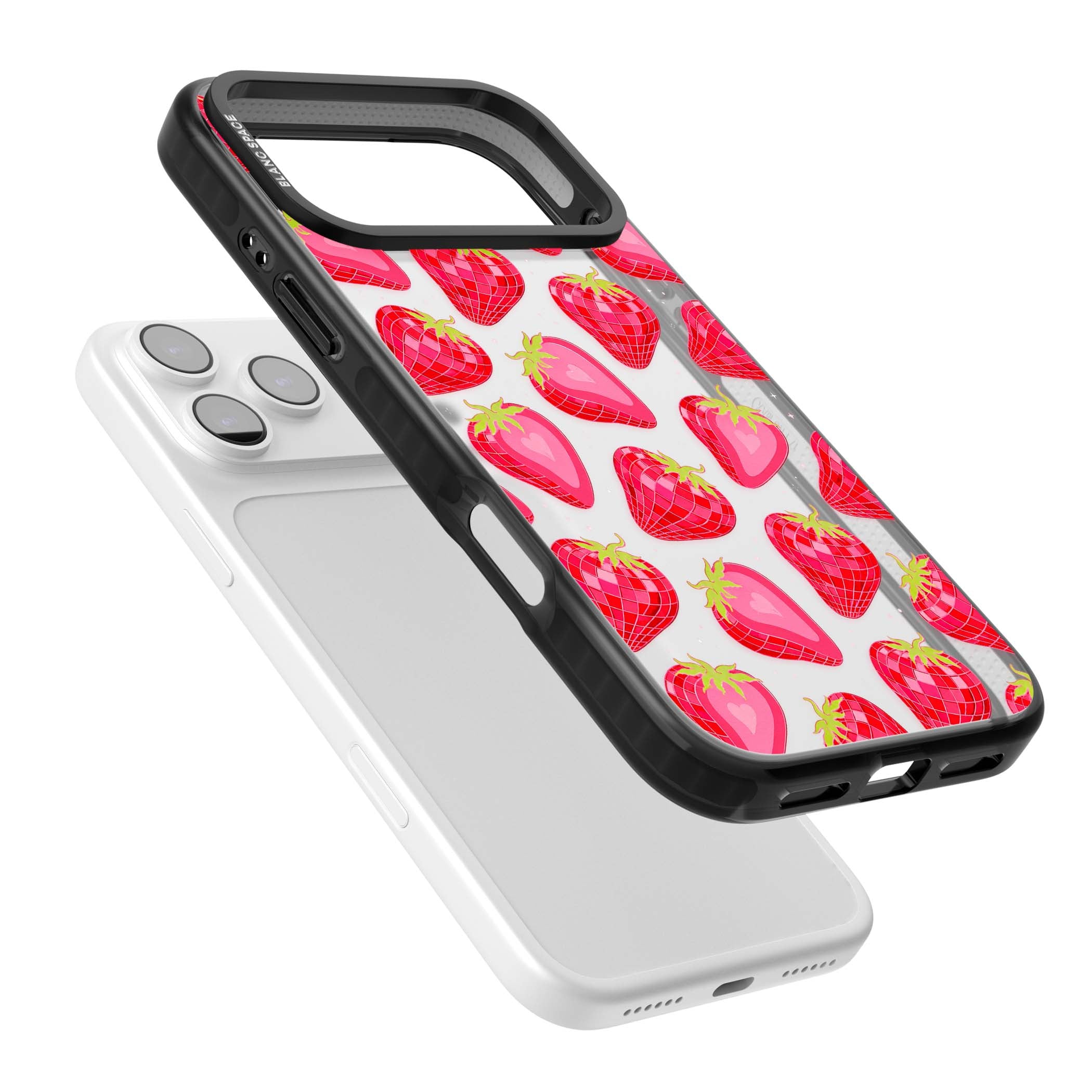 Disco Strawberry Y2K iPhone case featuring pink disco-ball strawberries, green leaves and tiny sparkles | Clear Impact case for iPhone 17 Pro, iPhone 17 Pro Max