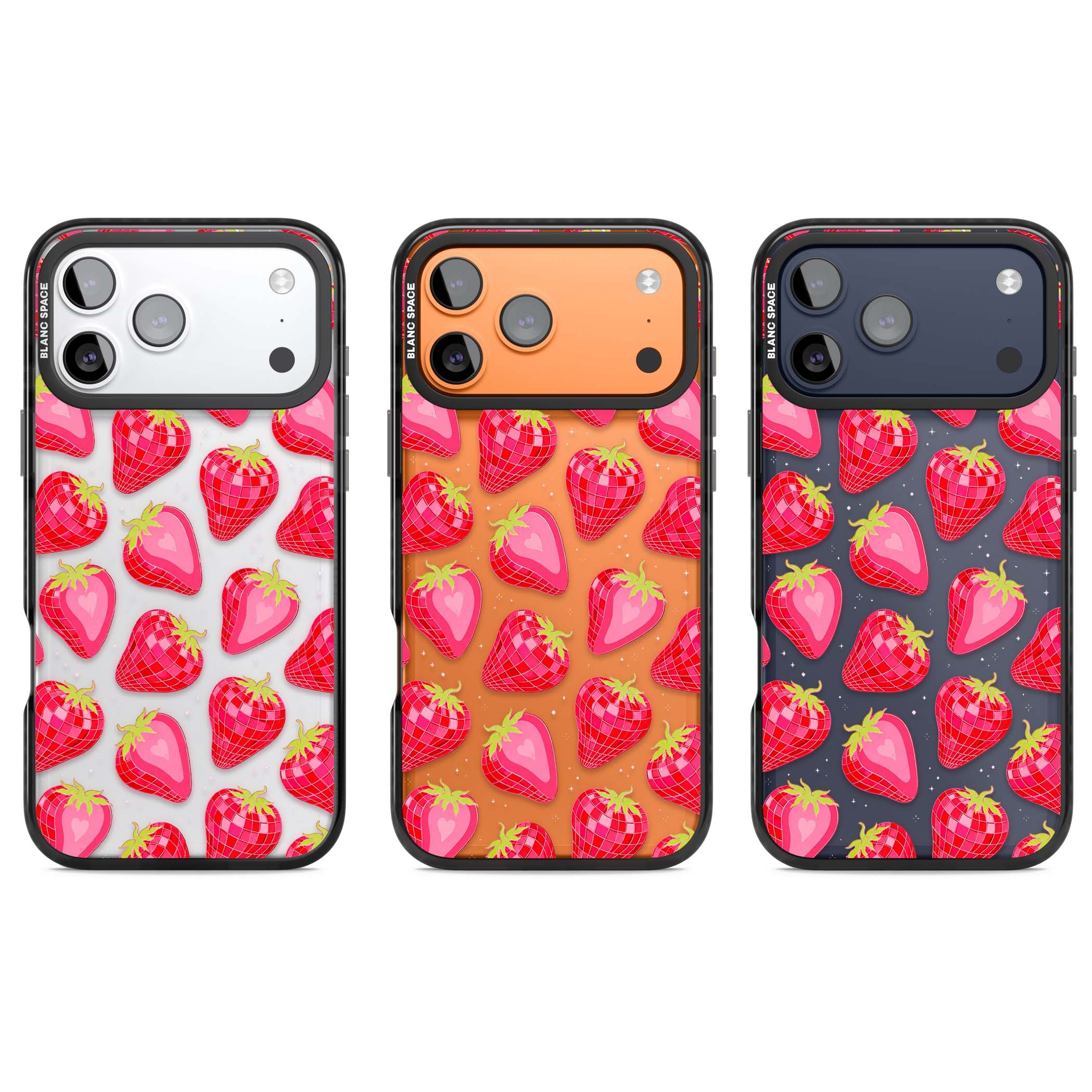 Disco Strawberry Y2K iPhone case featuring pink disco-ball strawberries, green leaves and tiny sparkles | Clear Impact case for iPhone 17 Pro, iPhone 17 Pro Max